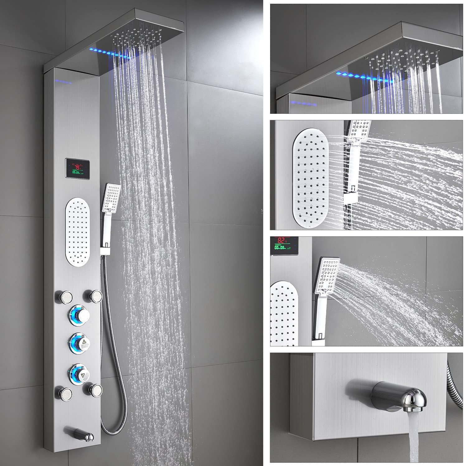 Brushed Nickel LED Shower Panel Tower with Adjustable Jets