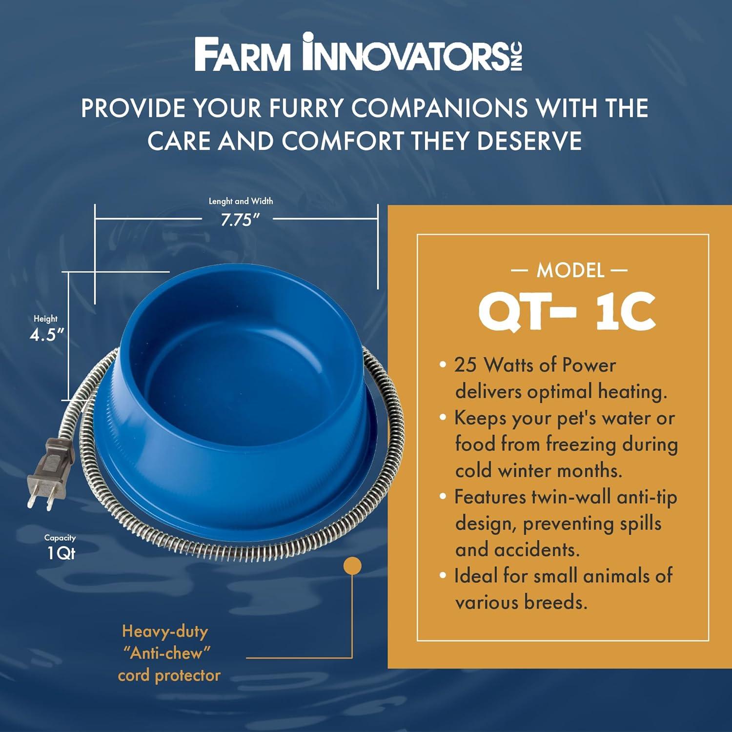 Farm Innovators 1 Quart Plastic Heated Pet Bowl with Anti Chew Cord and 25 Watts of Power for Rabbits, Dogs, Cats, and All Breed Sizes, Blue