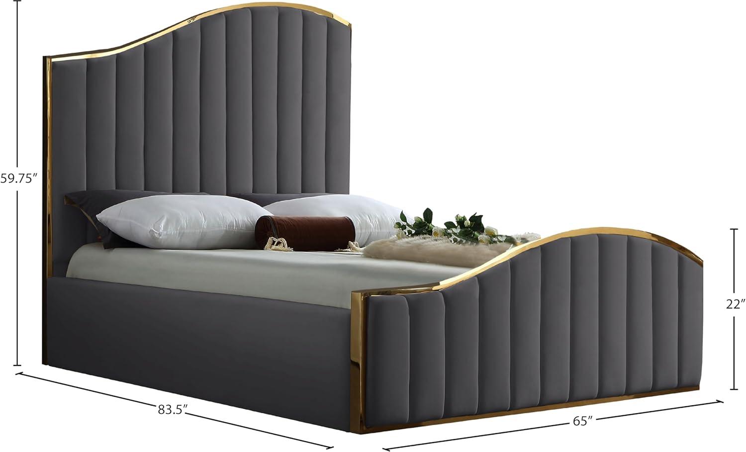 Meridian Furniture Jolie Solid Wood and Velvet Queen Bed in Gray