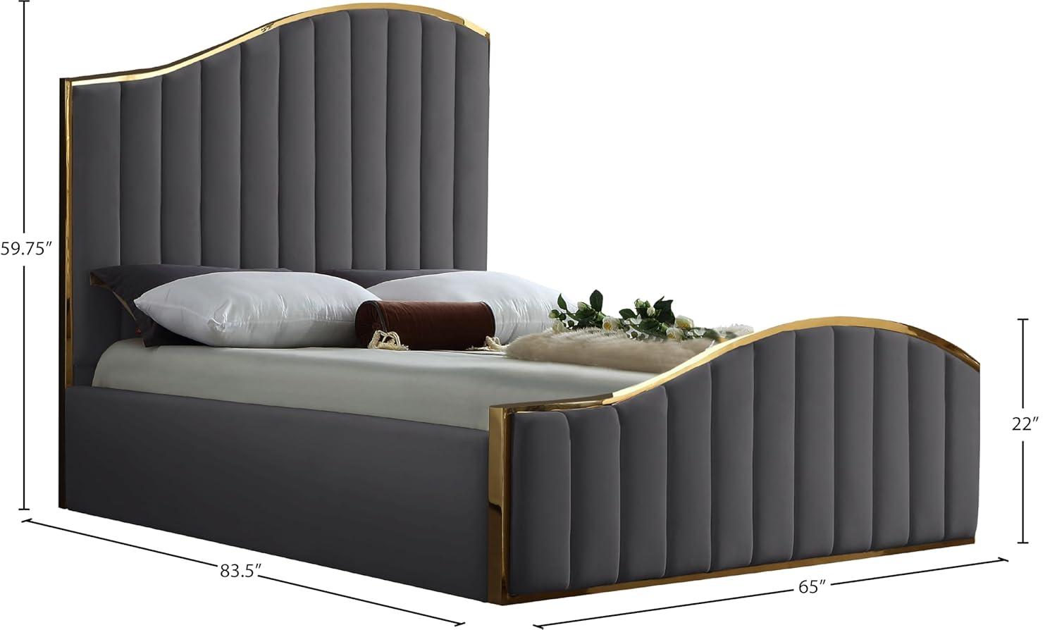 Meridian Furniture Jolie Solid Wood and Velvet Queen Bed in Gray