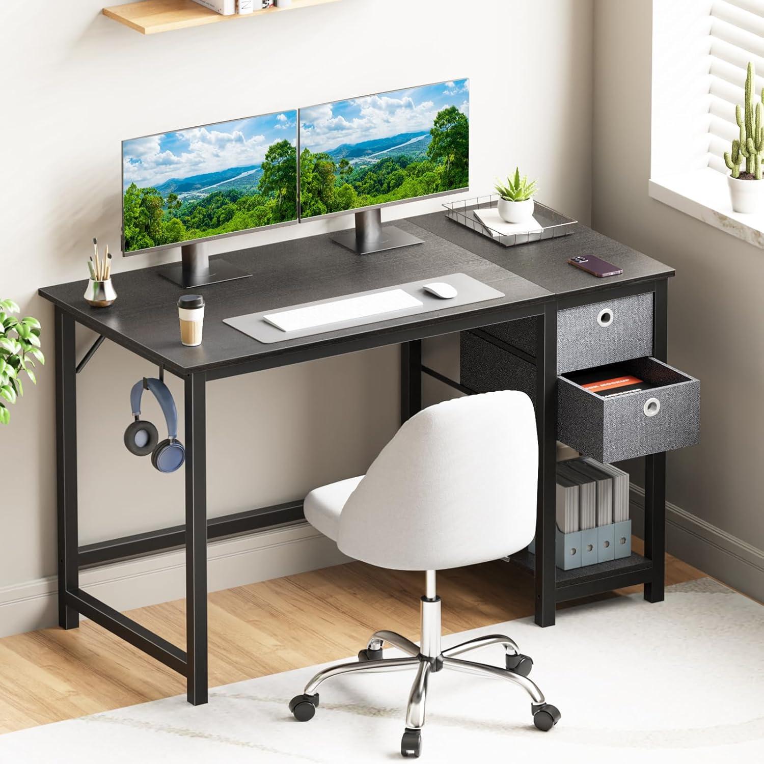 40-Inch Compact Computer Desk with Ample Storage Drawers - Modern Simple Style Writing Study PC Work Table for Home Bedroom Small Spaces - Ergonomic Design, Sturdy Construction, and Spacious Workspace