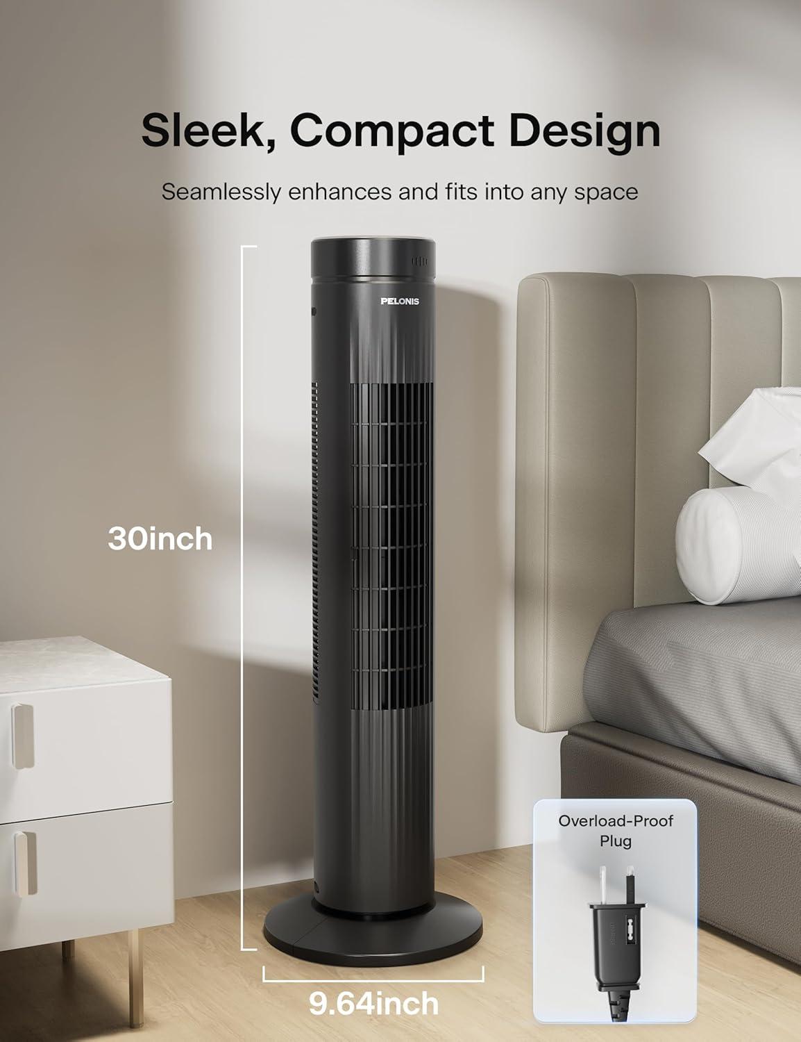 Pelonis 30-Inch Oscillating Tower Fan for Bedroom – 3 Speed, 37dB Quiet Tower Fan with Remote Control and 7-Hour Timer – ETL Certified, Black