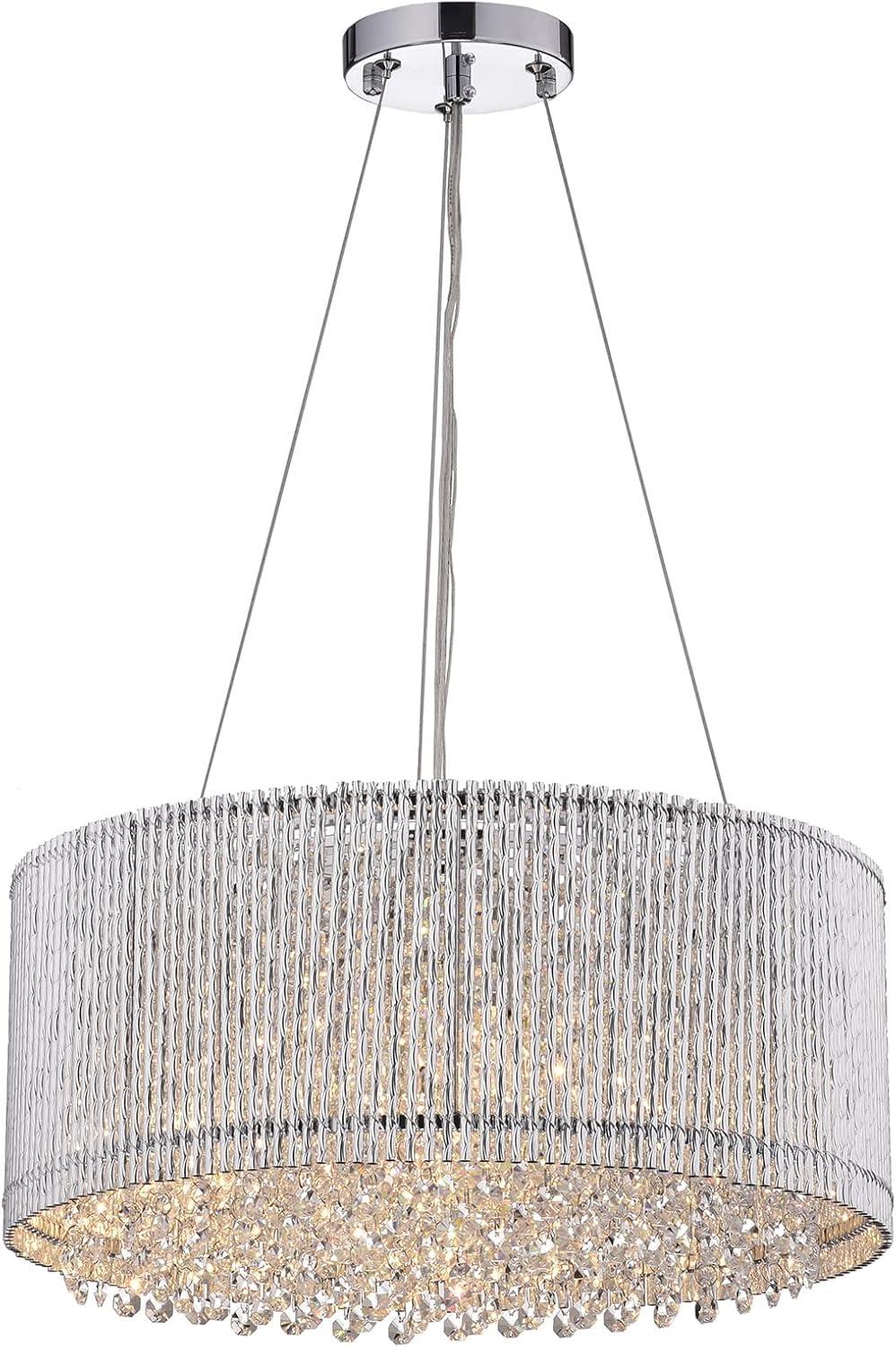 Chrome and Crystal Drum Shade Chandelier with Hanging Crystals