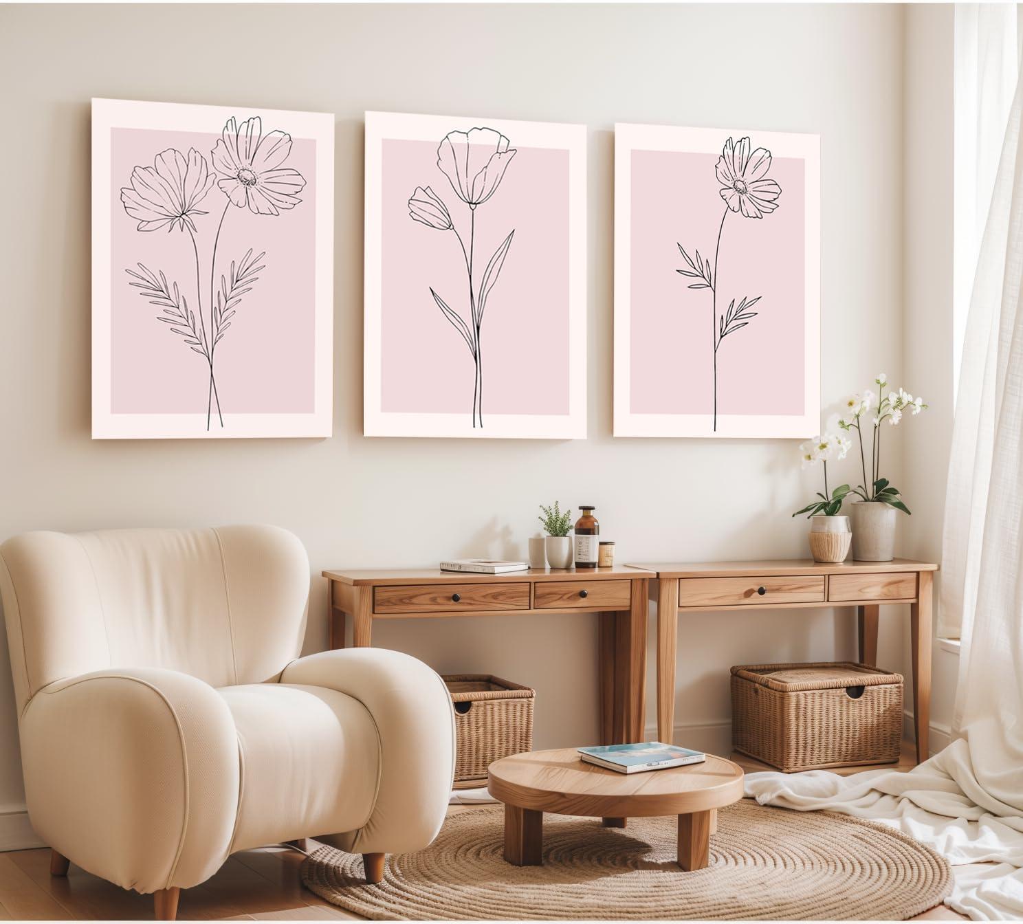 Lark Manor™ 3 Pieces Minimalism Botanical Canvas Wall Art Pink Flowers Line Plants Pictures Wall Decor Posters Print Artwork For Girls' Room Living Room Bedroom Bathroom Office Home Decoration