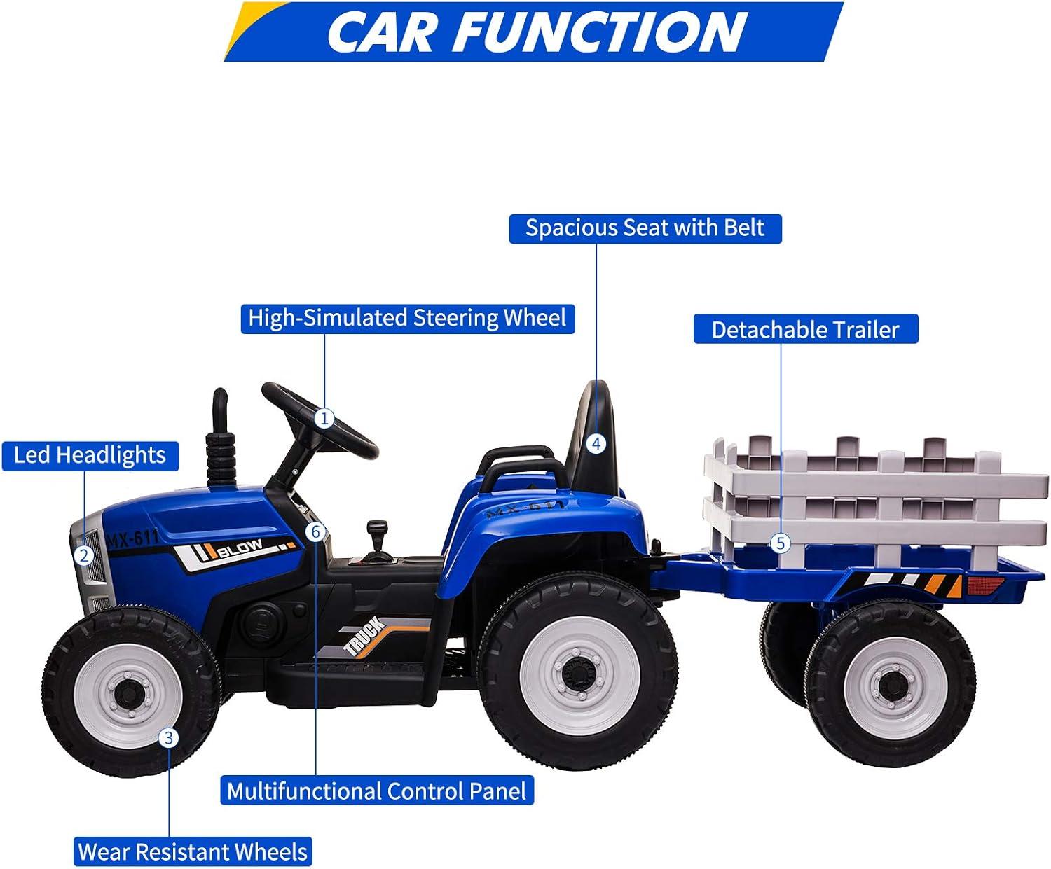 12V Blue Kids Ride-On Tractor with Trailer and Remote