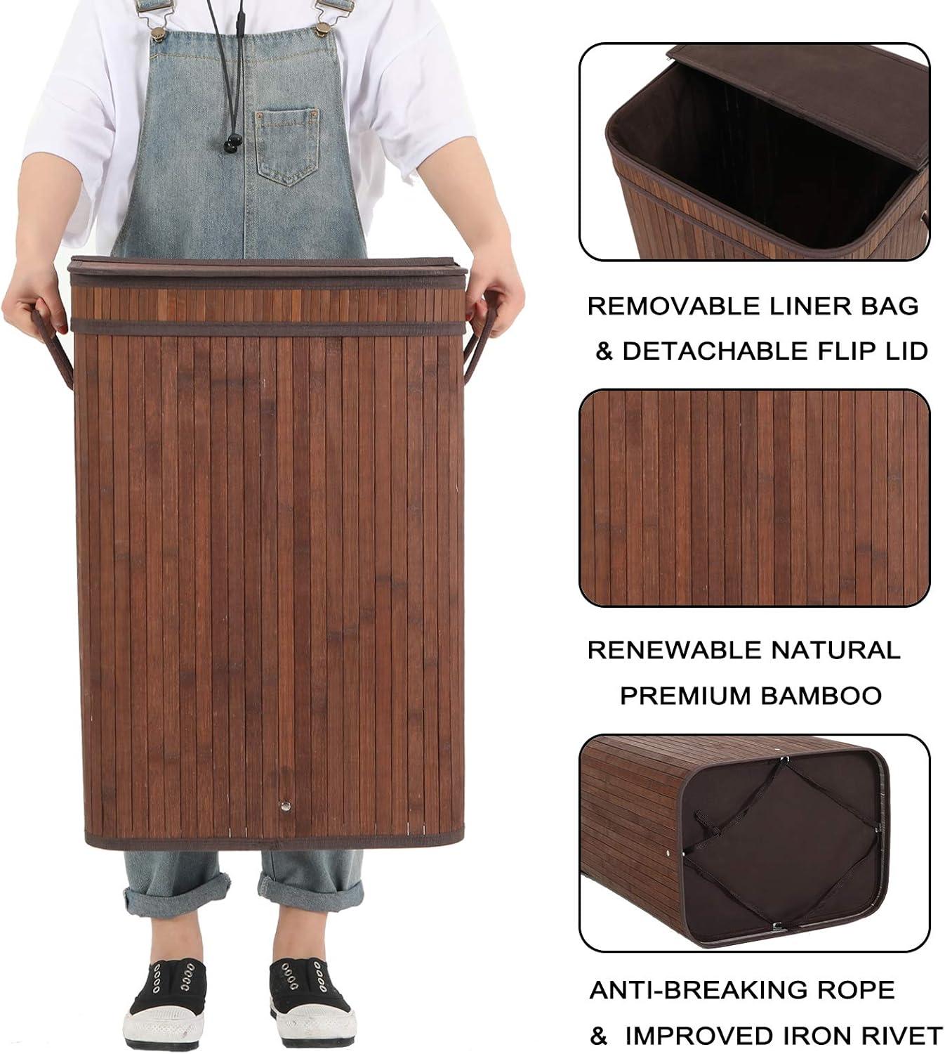 Dark Brown Bamboo Upright Laundry Hamper with Lid