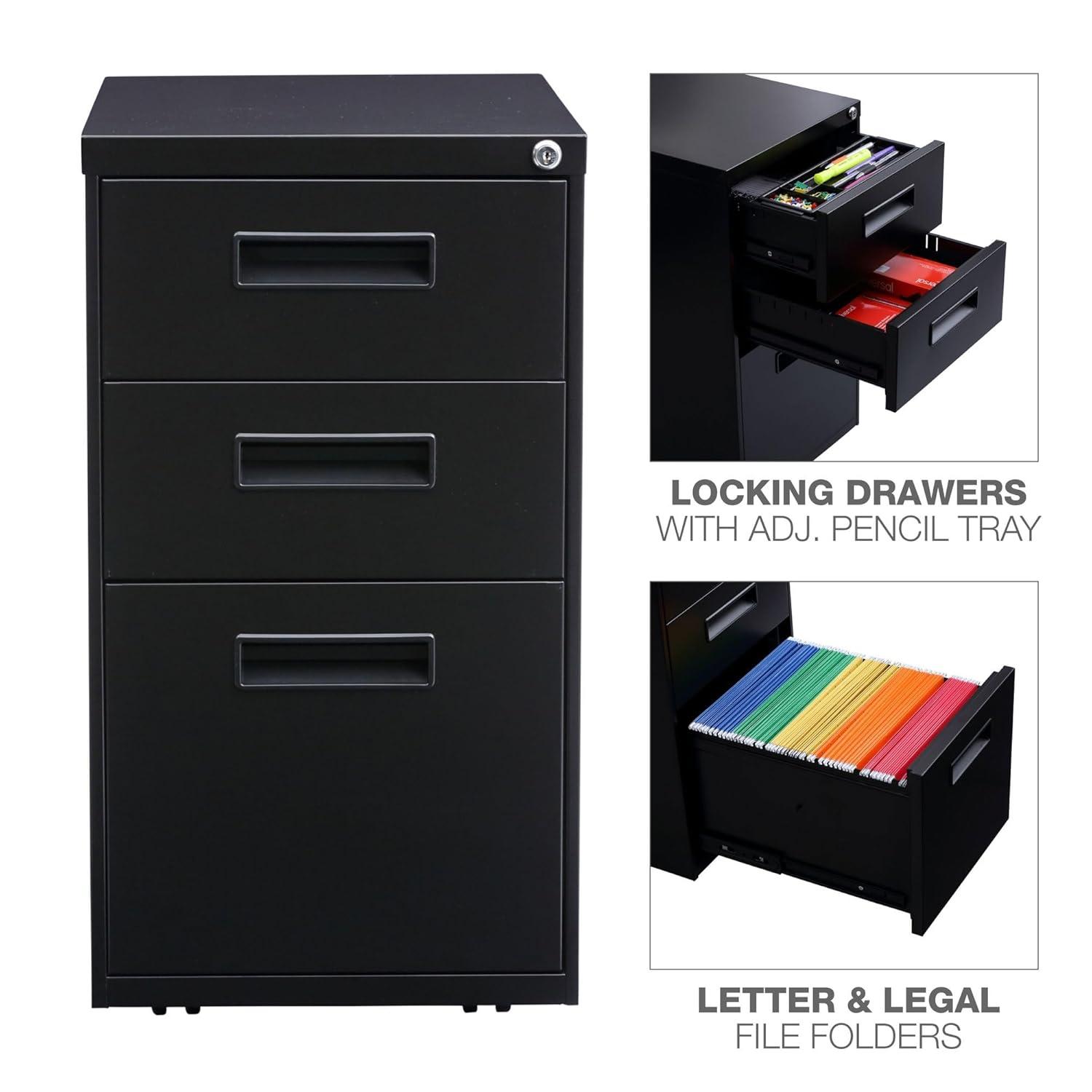 Alera PABBFBL 27.75 x 14.87 x 19.12 in. Three-Drawer Metal Pedestal File, Black