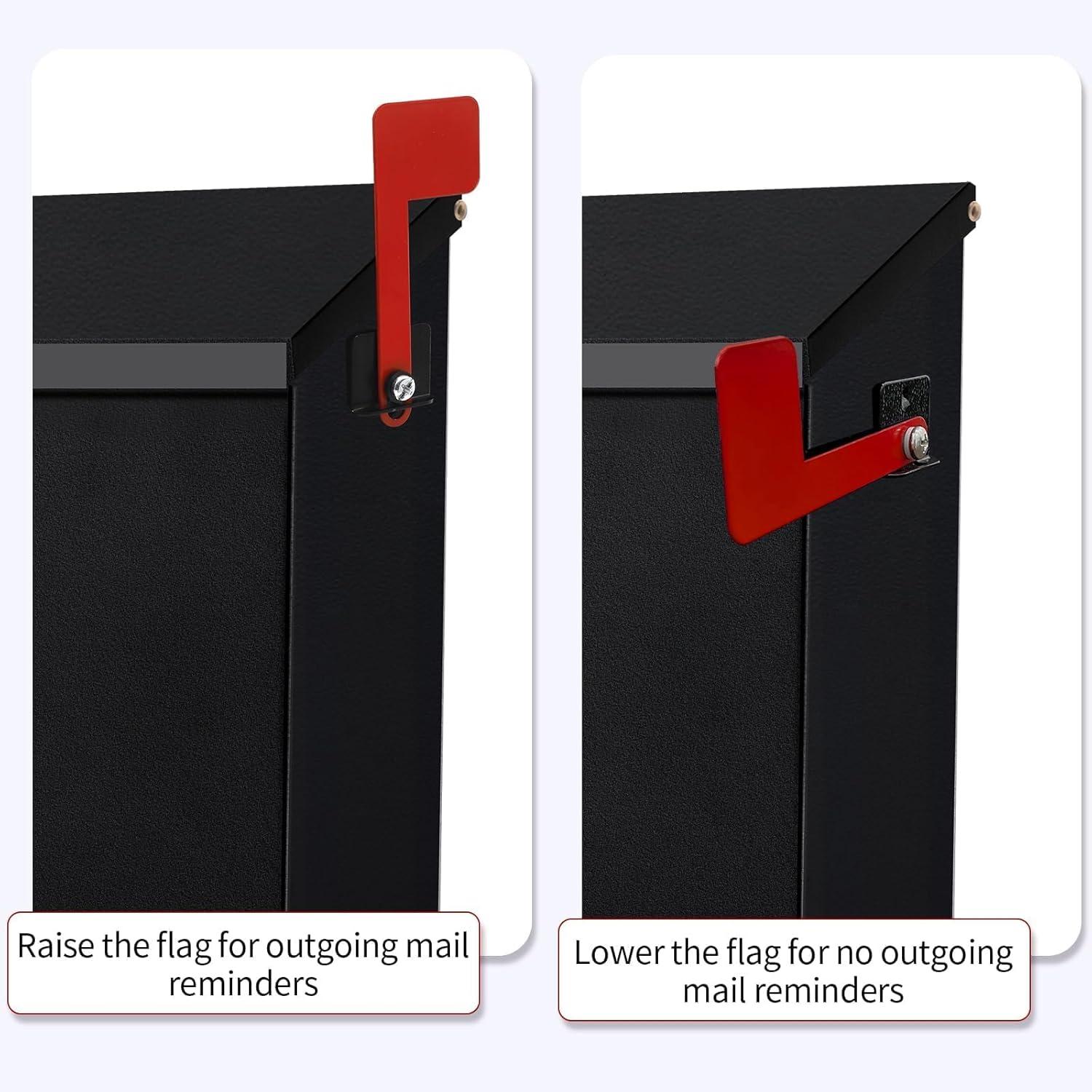 Wall-Mount Mailbox with Flag Metal Mail Box for Outside Large Capacity Rust-Proof Post Box for House Use, 14.2” x 4” x 9.5”, Black