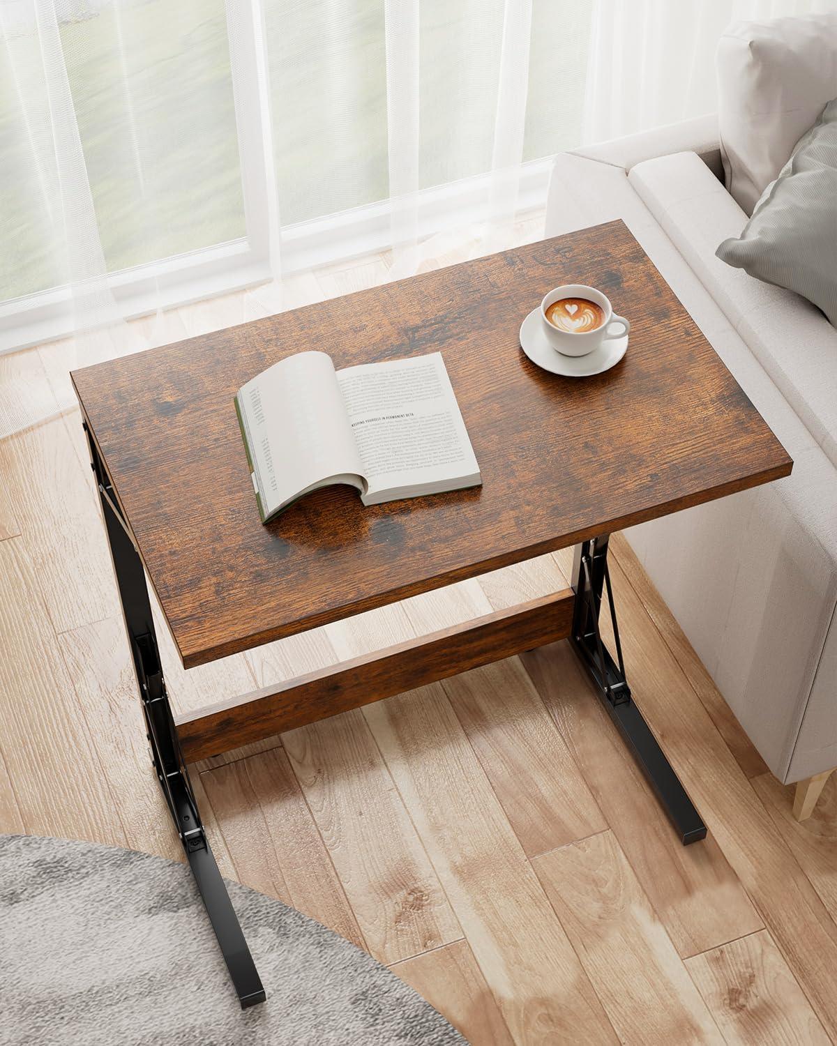 Folding TV Tray Table, 24" Wide C-Shaped End Table for Couches, Small Sofa-Side Laptop Desk with Metal Frame for Living Room, Bedroom, Rustic Brown