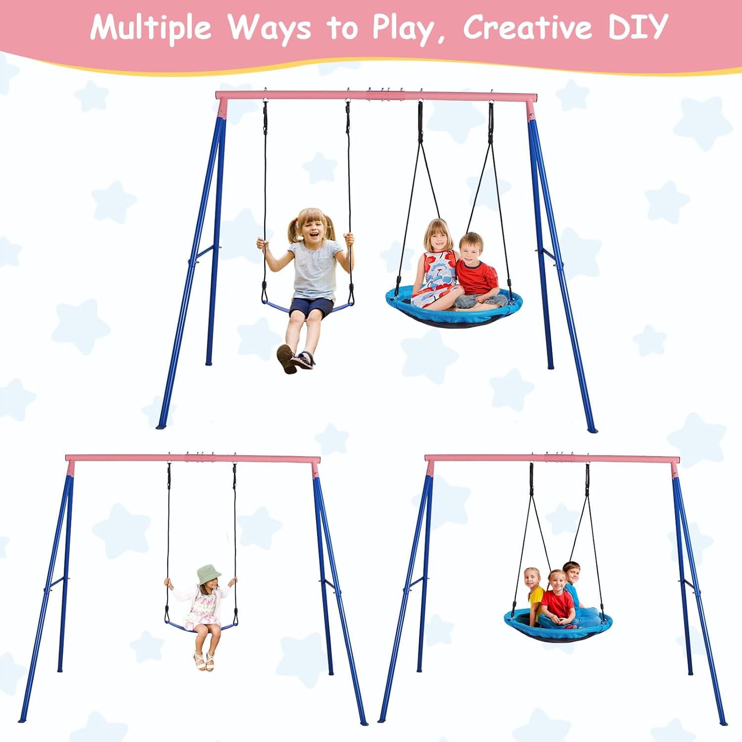 Outdoor Swings for Kids, 440lbs, Heavy-Duty A-Frame Metal Outdoor Swing Stand, 1 Saucer & 1 Belt Swing Seat for Playground, Backyard Blue