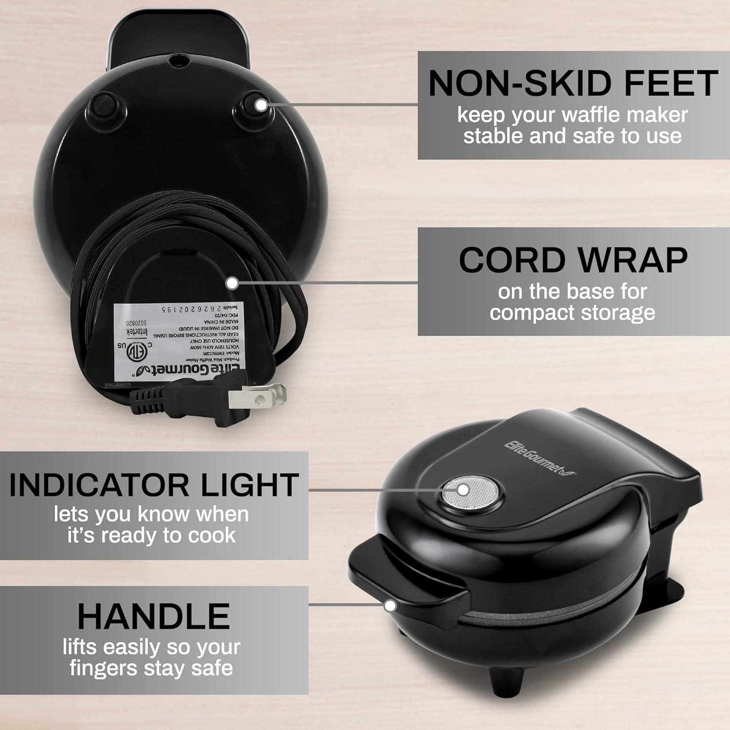Elite Gourmet Mini Waffle Maker, Black