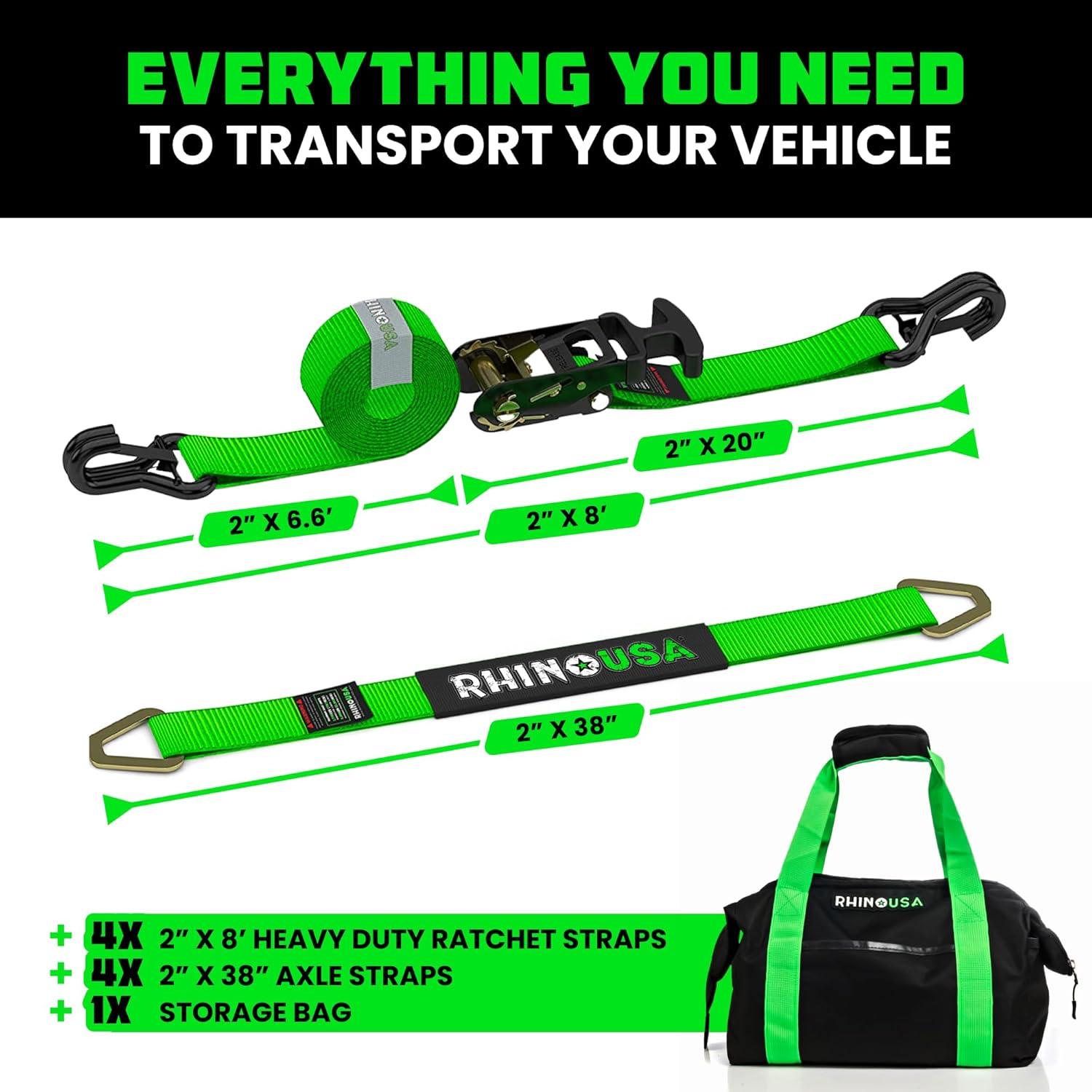 Rhino USA Car Tie Down Straps for Trailers w/ J Hooks - 2" x 8' (10,000lb Break Strength) 4pc Green