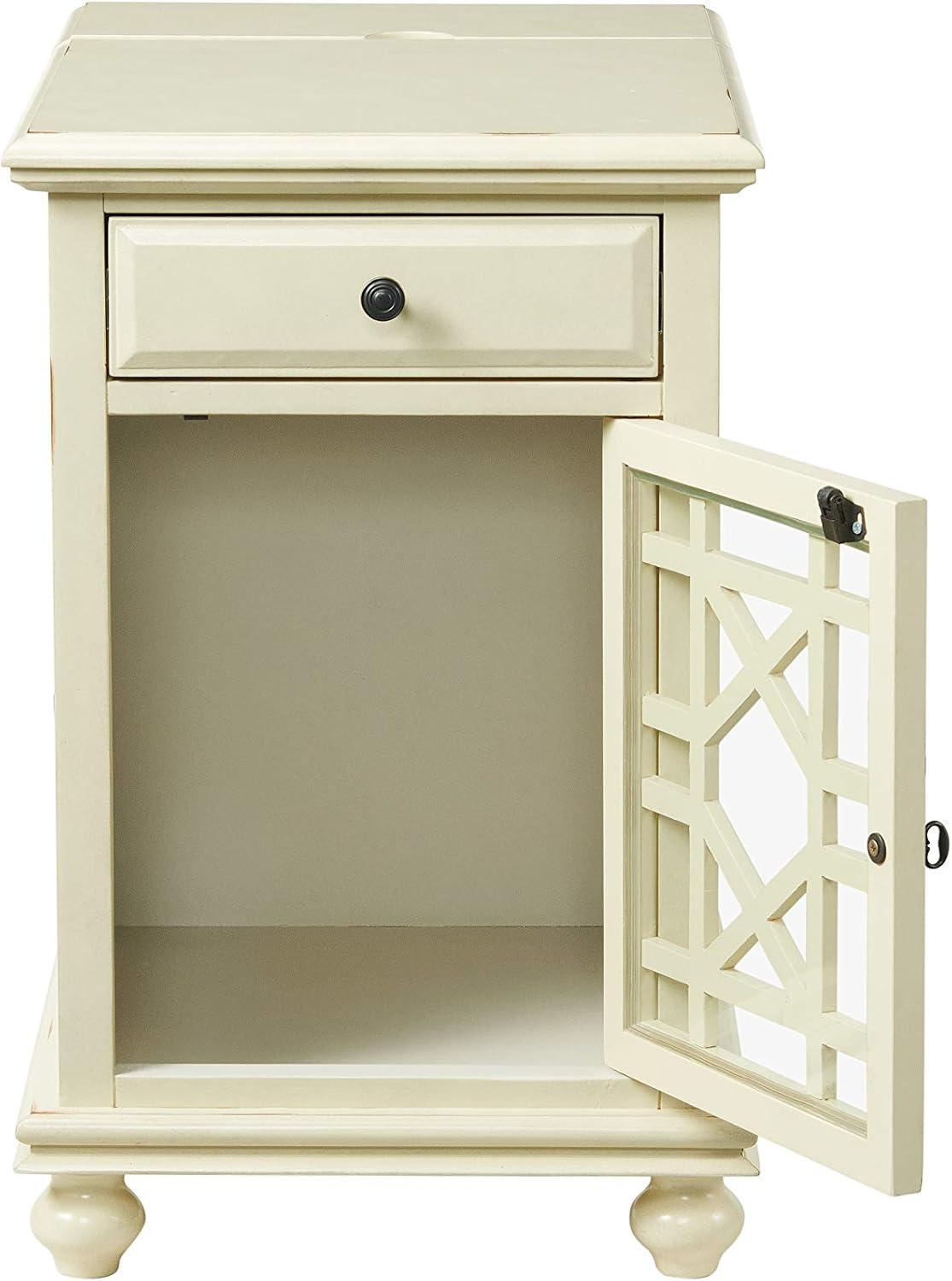 Chairside Table with 1 Drawer and 1 Trellis Door, Antique White- Saltoro Sherpi