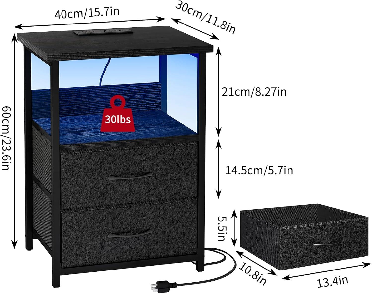 Night Stand Set of 2 with Charging Station, LED Nightstand with Fabric Drawers, End Table with PU Finish, Bed Side Table, Black