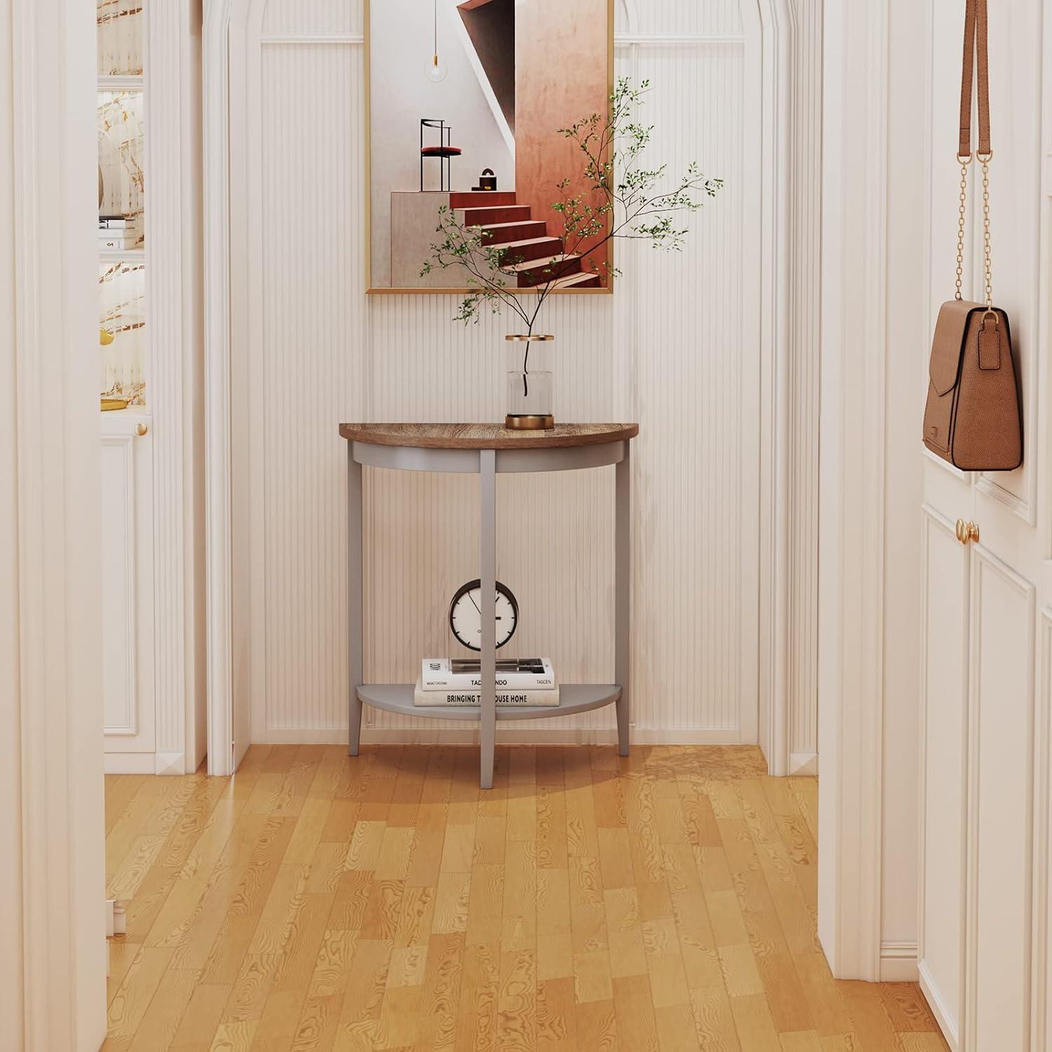 Wooden Half Moon Shaped Console Table with One Open Bottom Shelf Oak Brown and Gray - Saltoro Sherpi