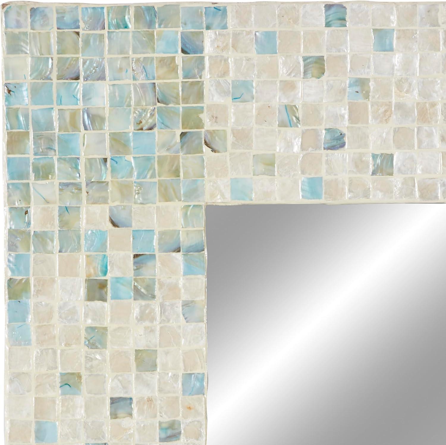 Coastal Charm Cream and Aqua Mosaic Wall Mirror 24" x 36"