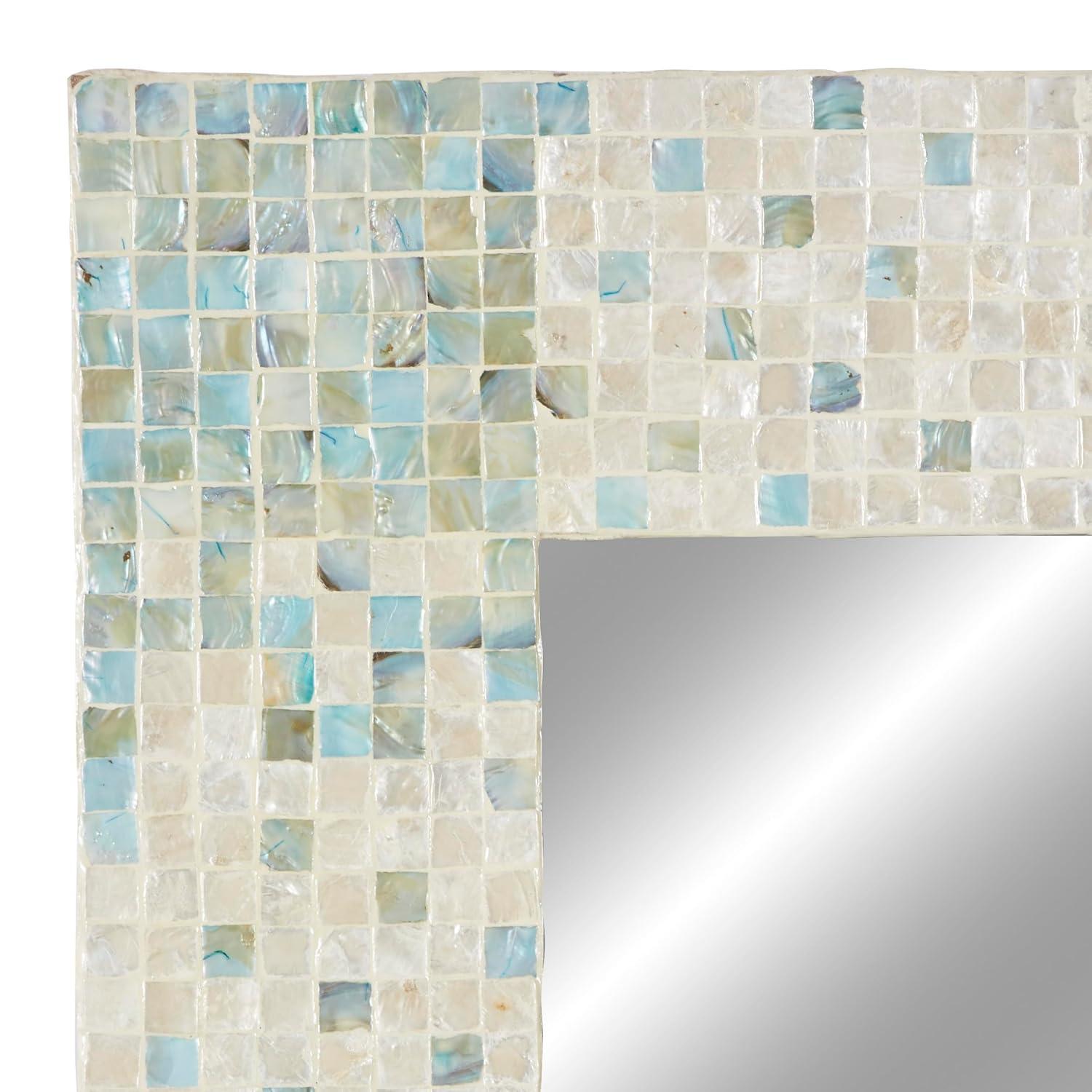 DecMode 24" x 36" Cream Handmade Mosaic Wall Mirror with Blue Corners
