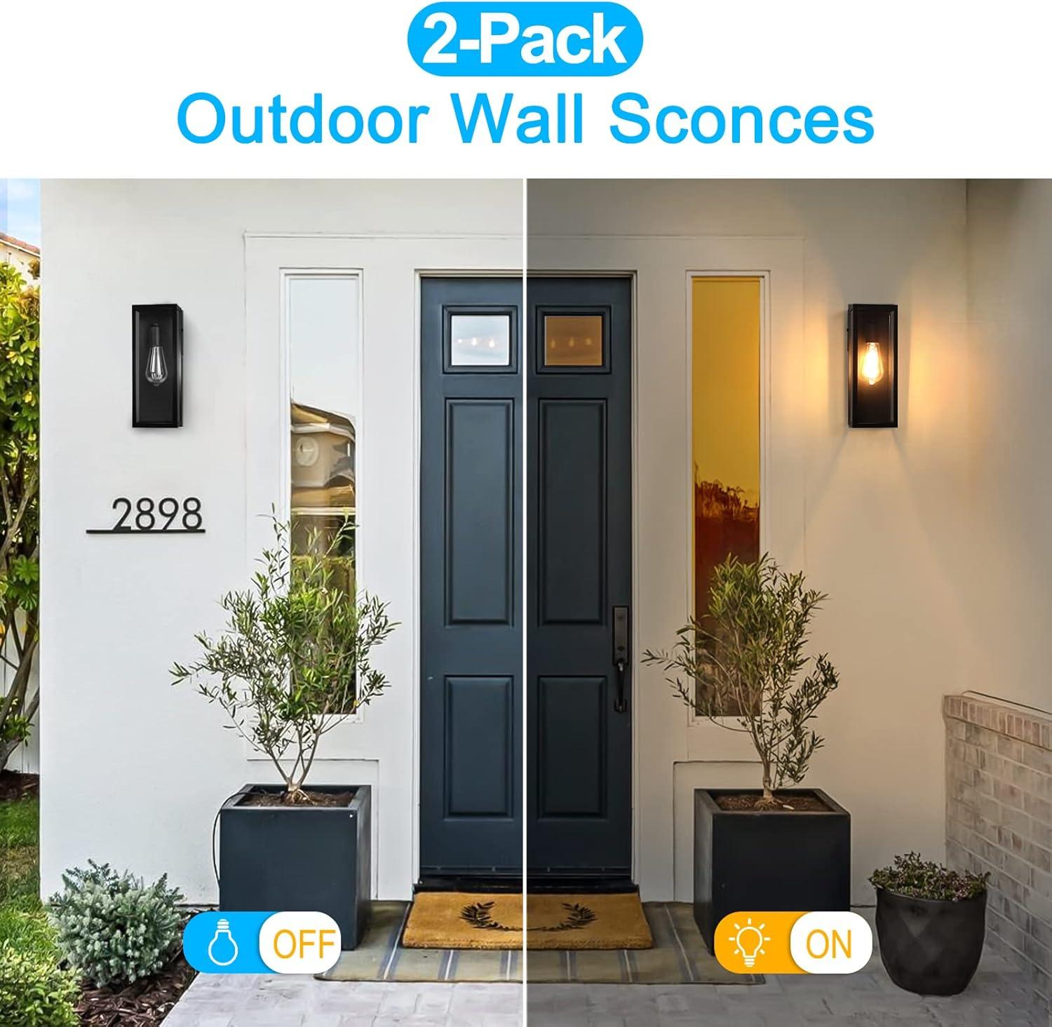 2-Pack Outdoor Wall Lanterns, Exterior Waterproof Wall Sconce With Glass Shades, Matte Black Porch Lights Wall Mounted, Anti-Rust E26 Modern Wall Lighting Fixtures