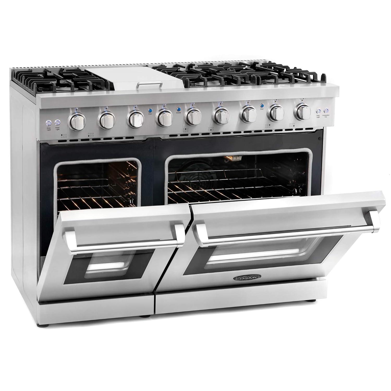 Cosmo 48 in. Haven Collection 7 cu. ft. Double Oven Gas Range, 6 Burners, Griddle, Convection, Knob LEDs, Stainless Steel