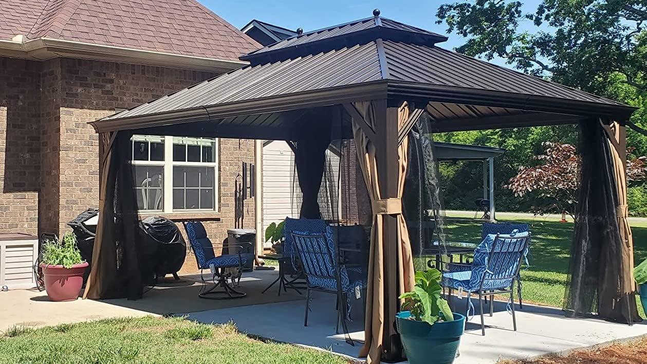 YOLENY 12'x16' Galvanized Steel Hardtop Gazebo with Aluminum Frame and Curtains