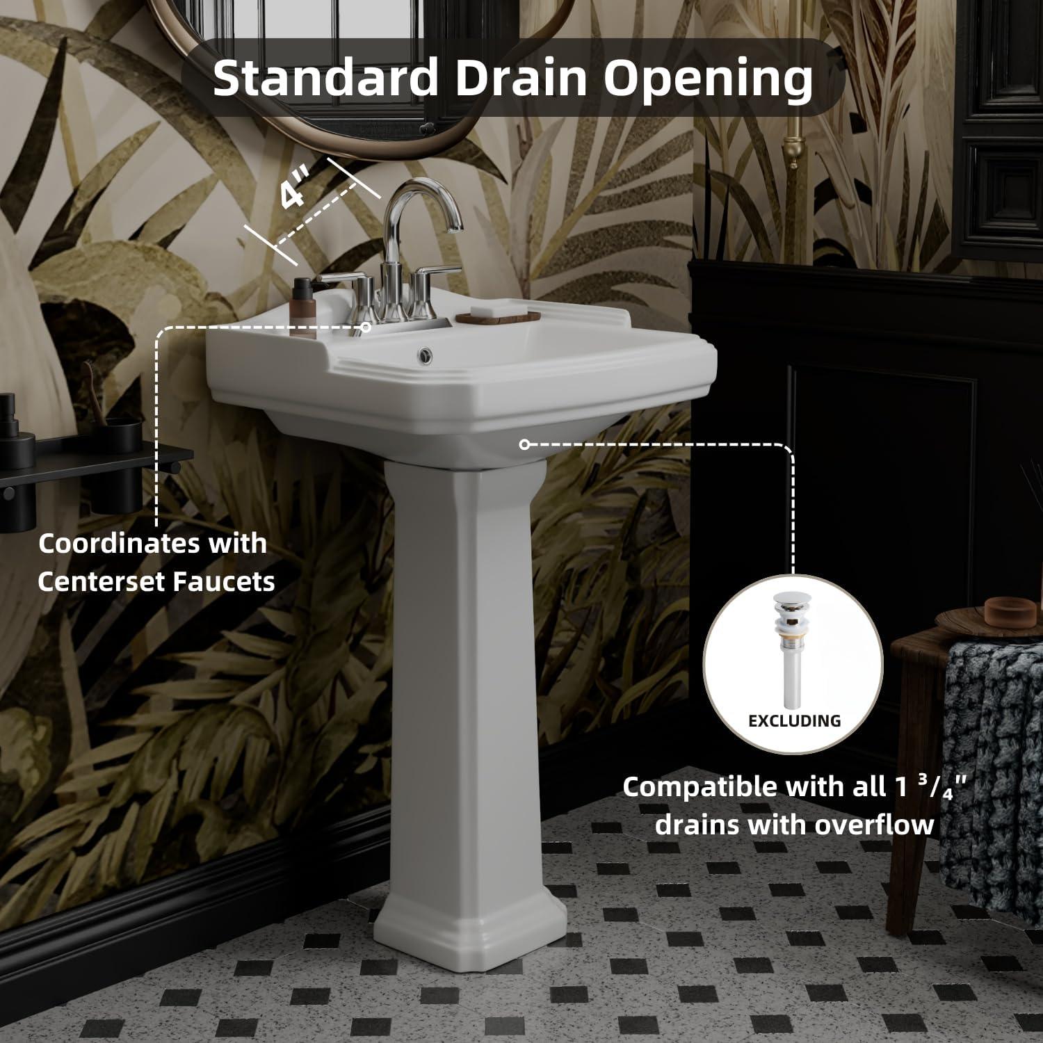 Classic Vintage Bathroom Pedestal Sink, Los Flexi 23"W x 19"D White Ceramic Freestanding Sinks for bathrooms, Overflow, 3 Pre-Drilled Holes for 4-Inch Faucets, Easy Install