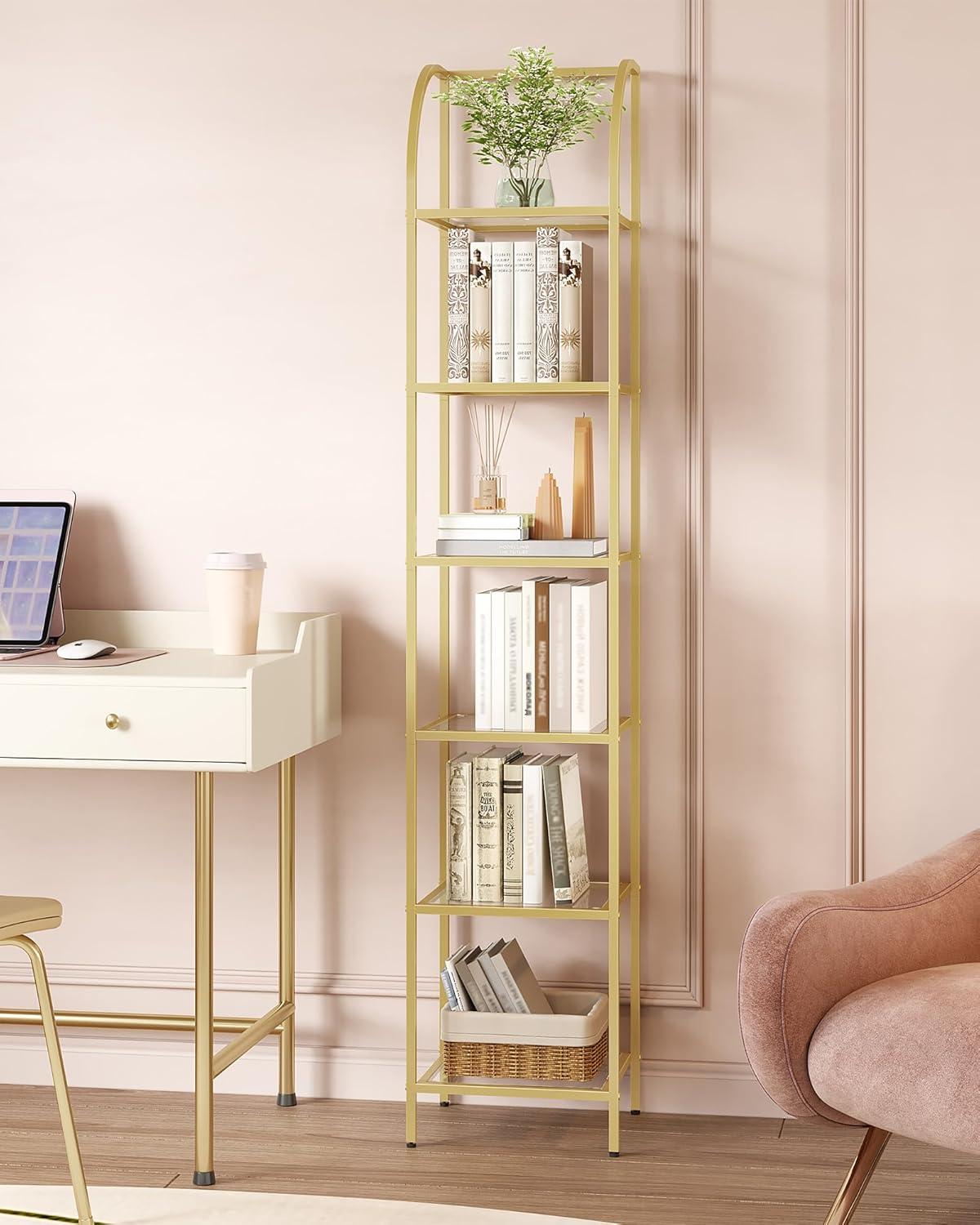 Mercer41 Bookcase Bookshelf, Tempered Glass Arched Bookshelf For More Storage, Slim Shelving Unit For Bedroom, Bathroom, Home Office, Steel Frame, 6 Tier Gold