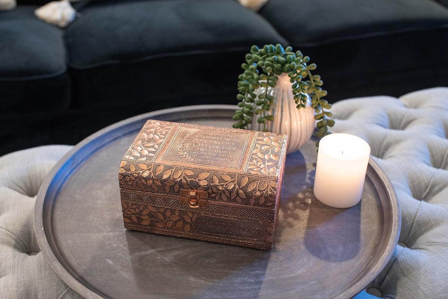 Cottage Garden Strength Copper Tone Metal Stamped Round Top Trunk Keepsake Box