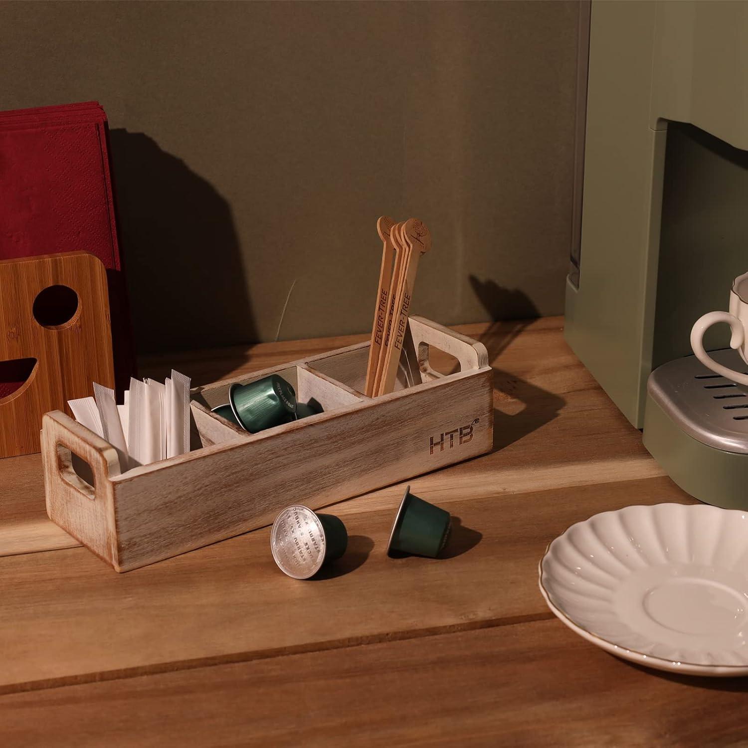 HTB Small Tea Bag Holder Pack of 2, Bamboo Tea Organizer 3 Compartments for Beverage Suppliers, Sweeteners, Individual Packets, Portable Tea Bag Organizer for Home Kitchen Counter or Office