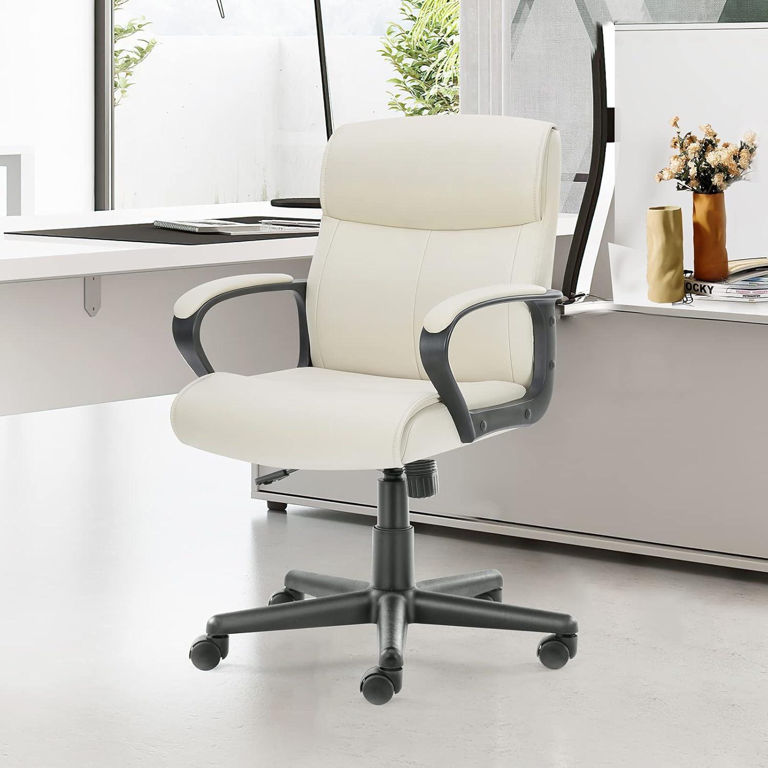 Executive Office Chair with Padded Armrests Adjustable Height, 360-Degree Swivel, Lumbar Support, PU Leather, Cream