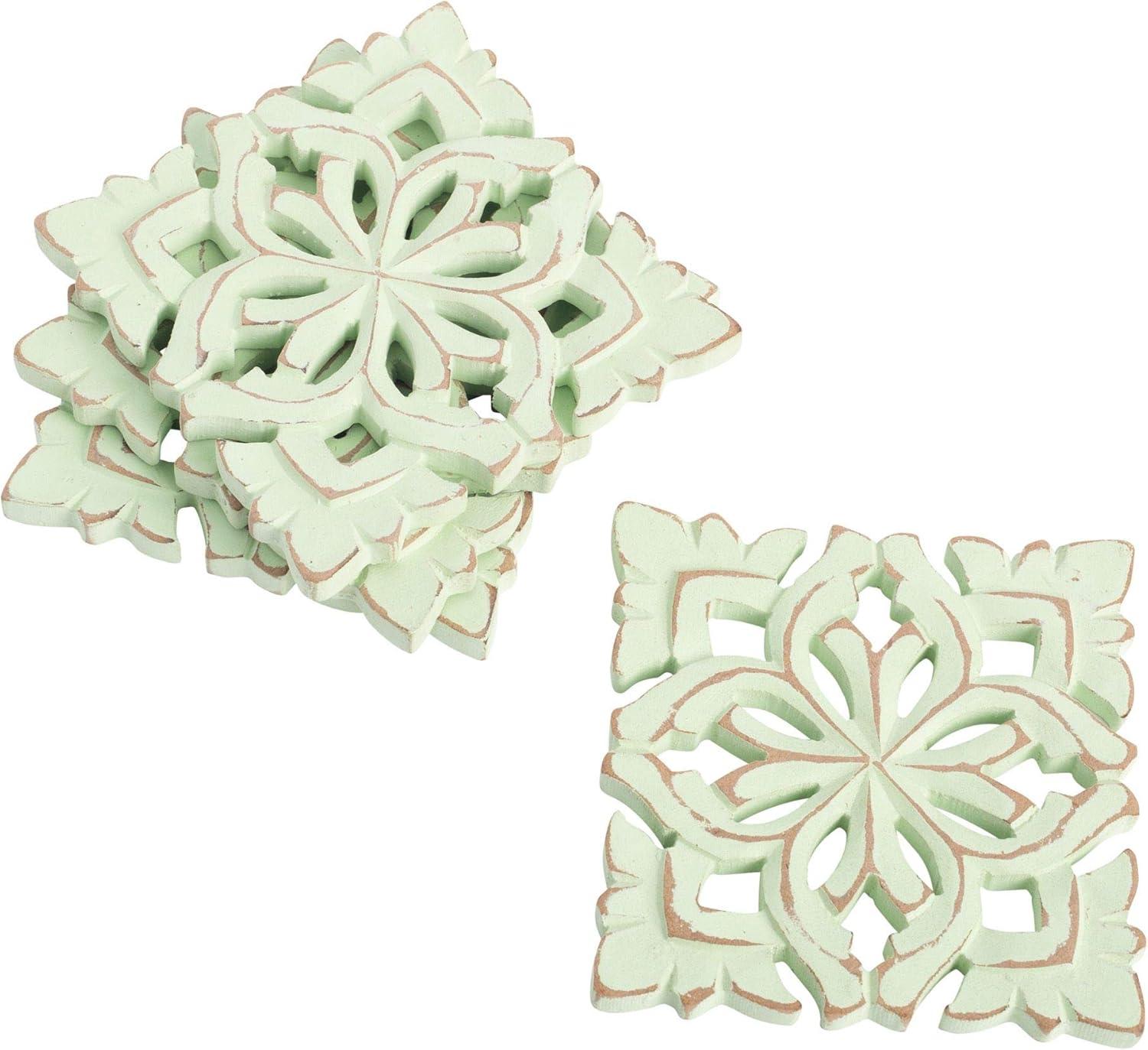 Square Sage Green Carved Wood Coaster Set