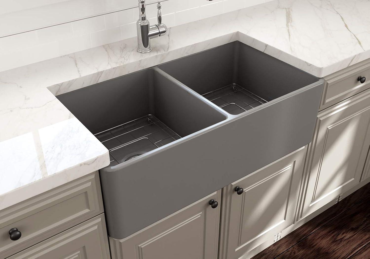 Matte Gray Fireclay Double Bowl Farmhouse Kitchen Sink