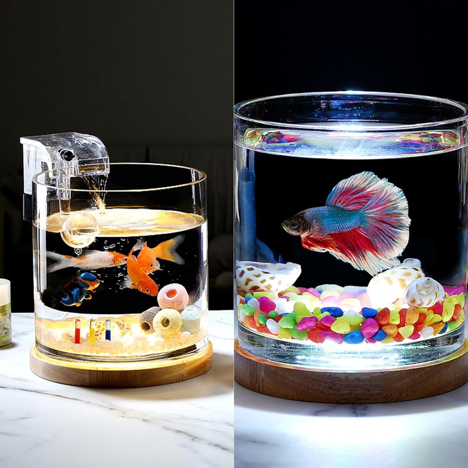 Aquarium Starter Kits 0.81-Gallon Fish Tank(6 inches) for Beginner Cylindrical Betta Fish Bowl with Wooden Base LED Light Water Pump Accessories Self-Cleaning Filter Copyright Patent