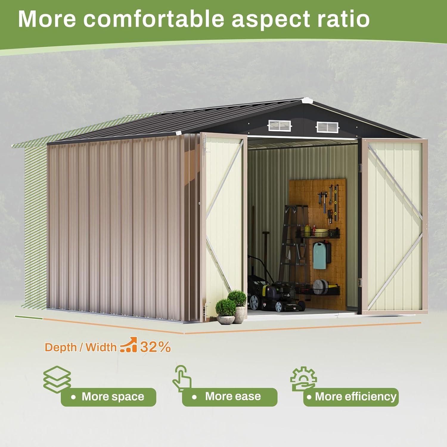 Patiowell 8' x 10' Outdoor Storage Shed, Large Garden Tool Metal Shed with Sloping Roof and Double Lockable Door, Outdoor Shed for Backyard Garden Patio Lawn, Brown