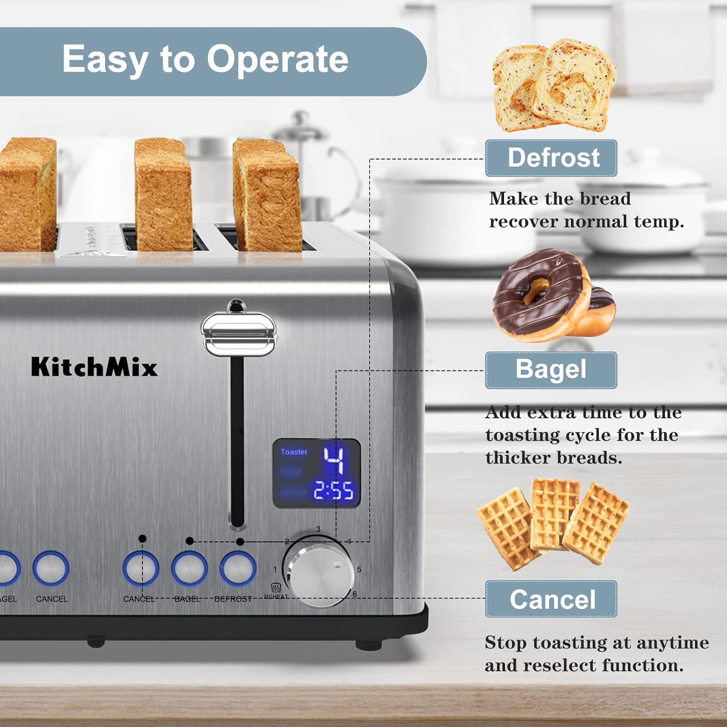 Toaster 4 Slice Stainless Toaster with LCD Timer