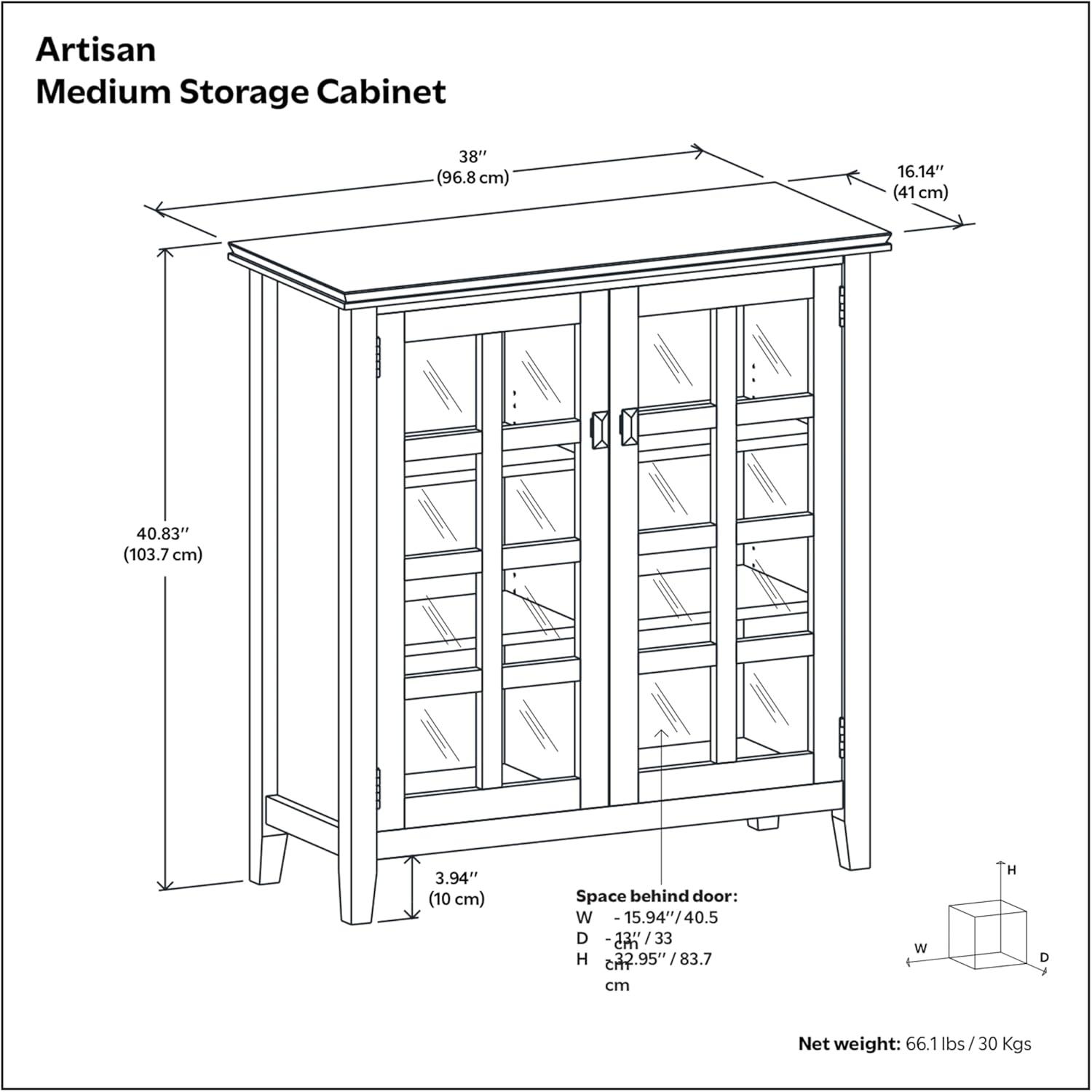 Simpli Home Artisan 38"W Solid Wood 4-Shelf Medium Storage Cabinet with Glass Doors and Adjustable Shelves