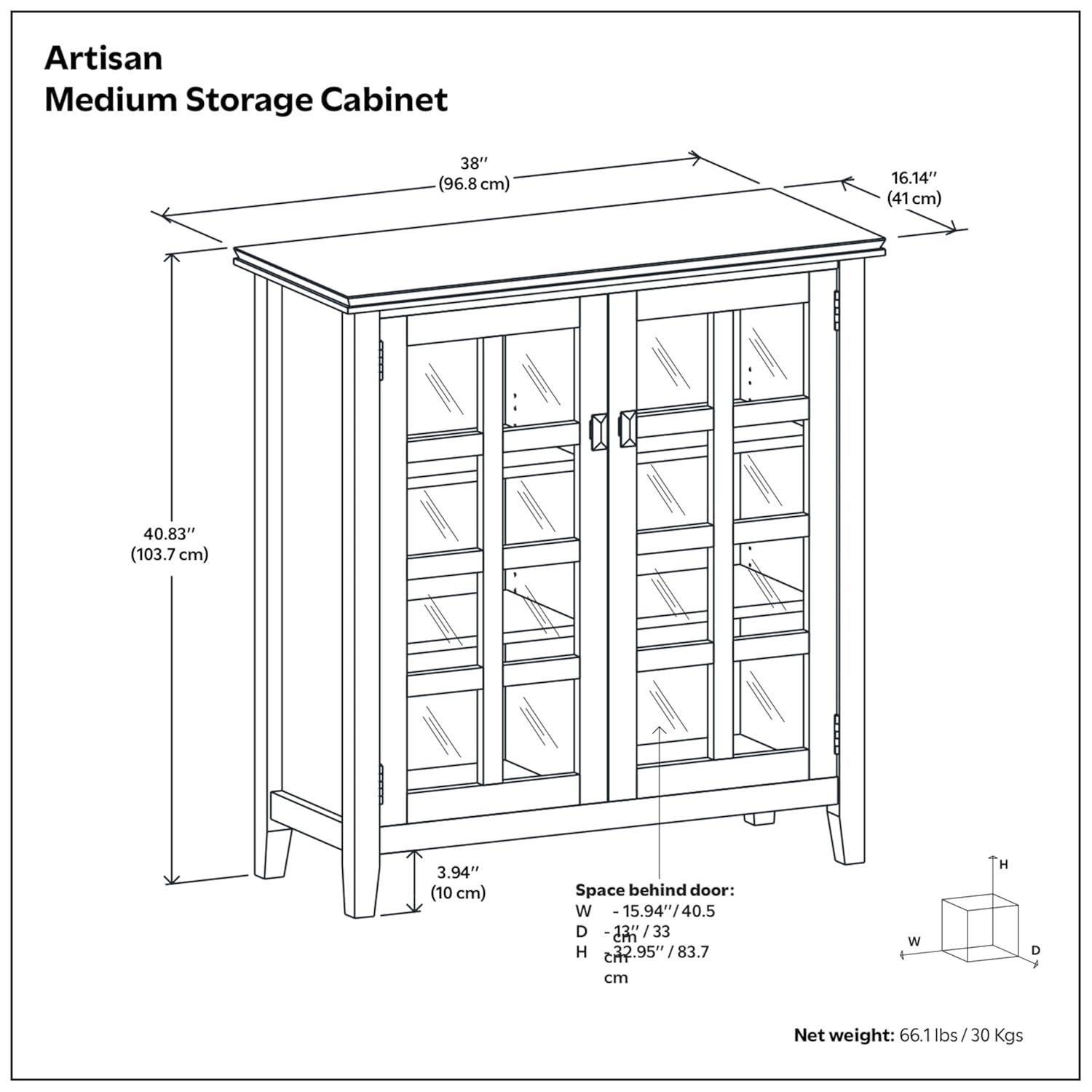 Simpli Home Artisan 38"W Solid Wood 4-Shelf Medium Storage Cabinet with Glass Doors and Adjustable Shelves