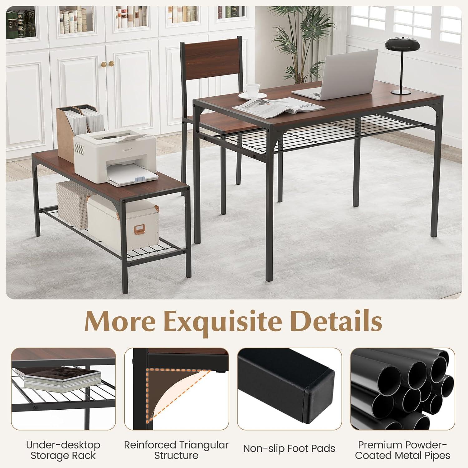 Costway 4pcs Dining Table Set Rustic Desk 2 Chairs & Bench w/ Storage Rack Brown