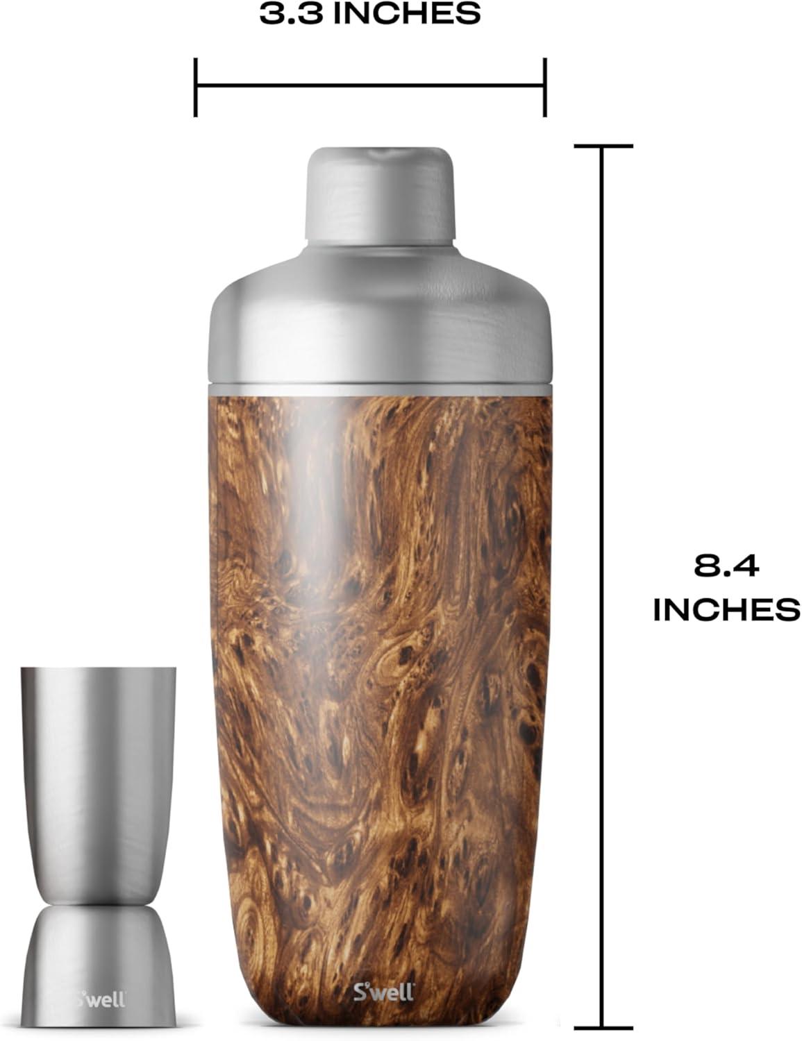 S'well Stainless Steel Shaker Set with Jigger Carafe - 18 Fl Oz - Teakwood - Triple-Layered Vacuum