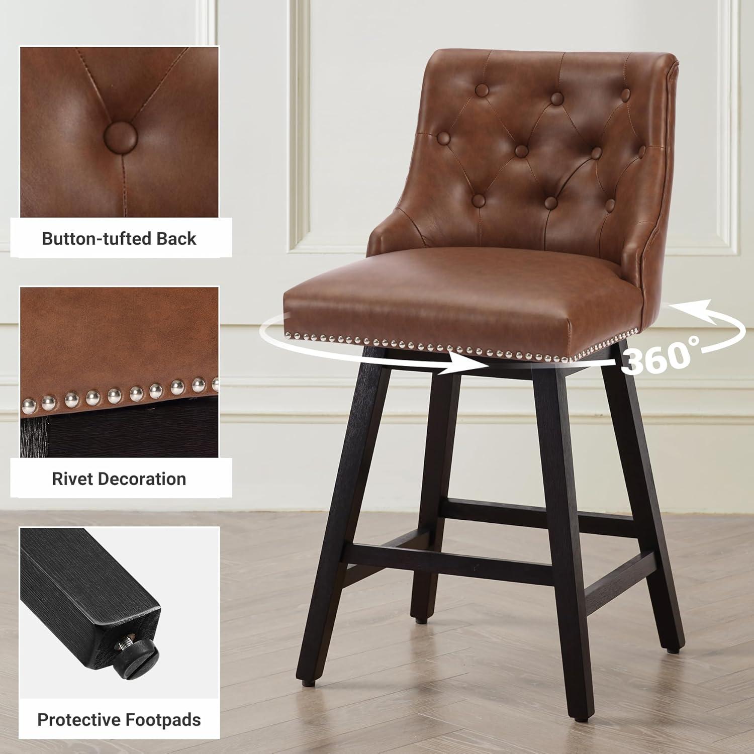 Counter Bar Stools Set of 2, Modern Swivel Bar Stools with Back and Wood Legs, 26" H Upholstered Bar Chair for Kitchen Island Home Bar, Leather Brown