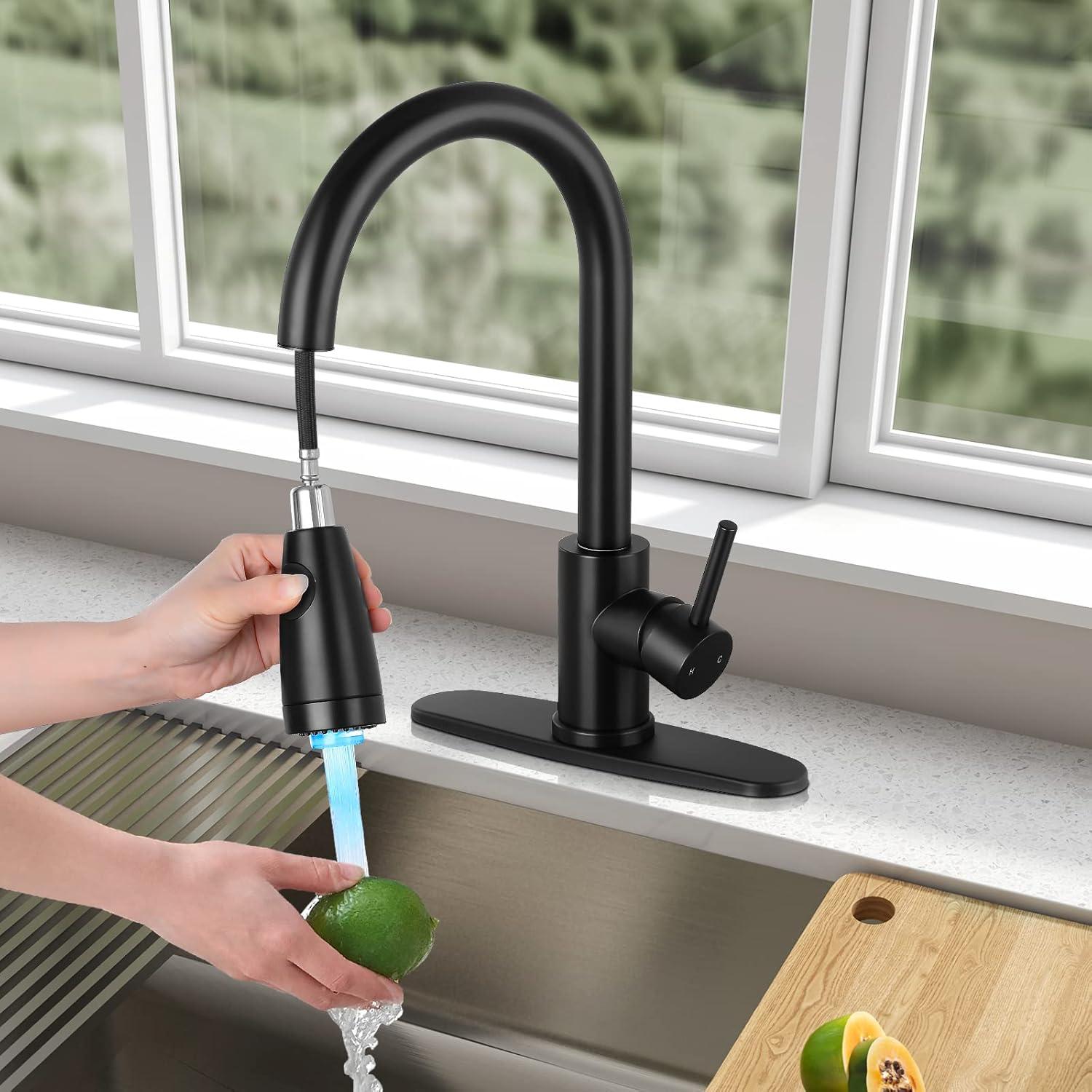 Matte Black Stainless Steel High-Arc Kitchen Faucet with LED Pull-Out Spray