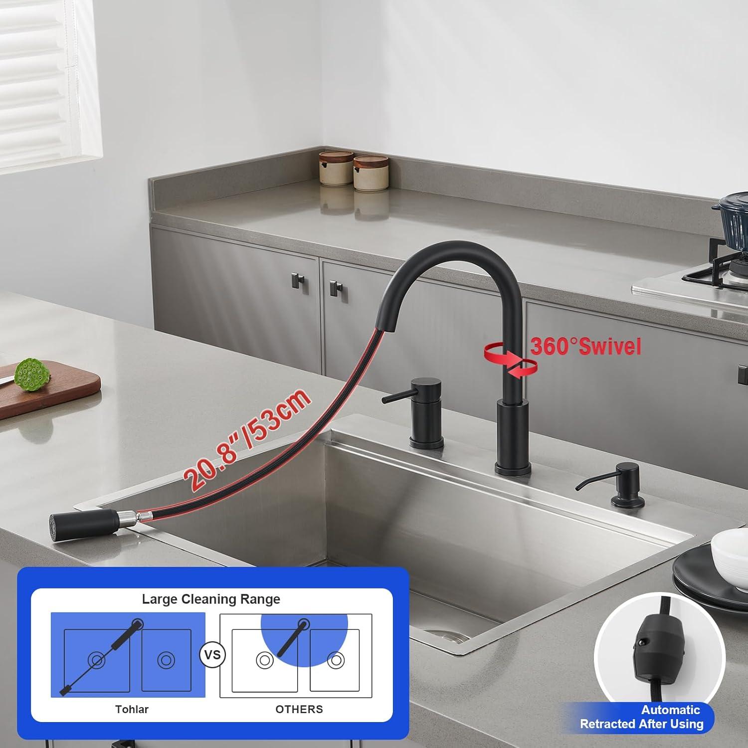 Matte Black Stainless Steel Pull-Down Kitchen Faucet with Soap Dispenser