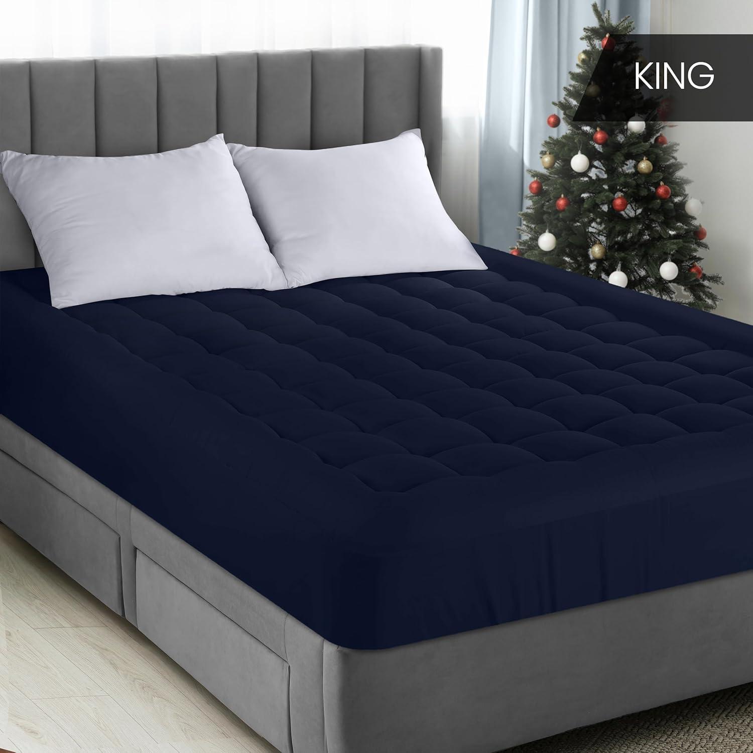 Navy Quilted King Mattress Pad with Deep Pockets