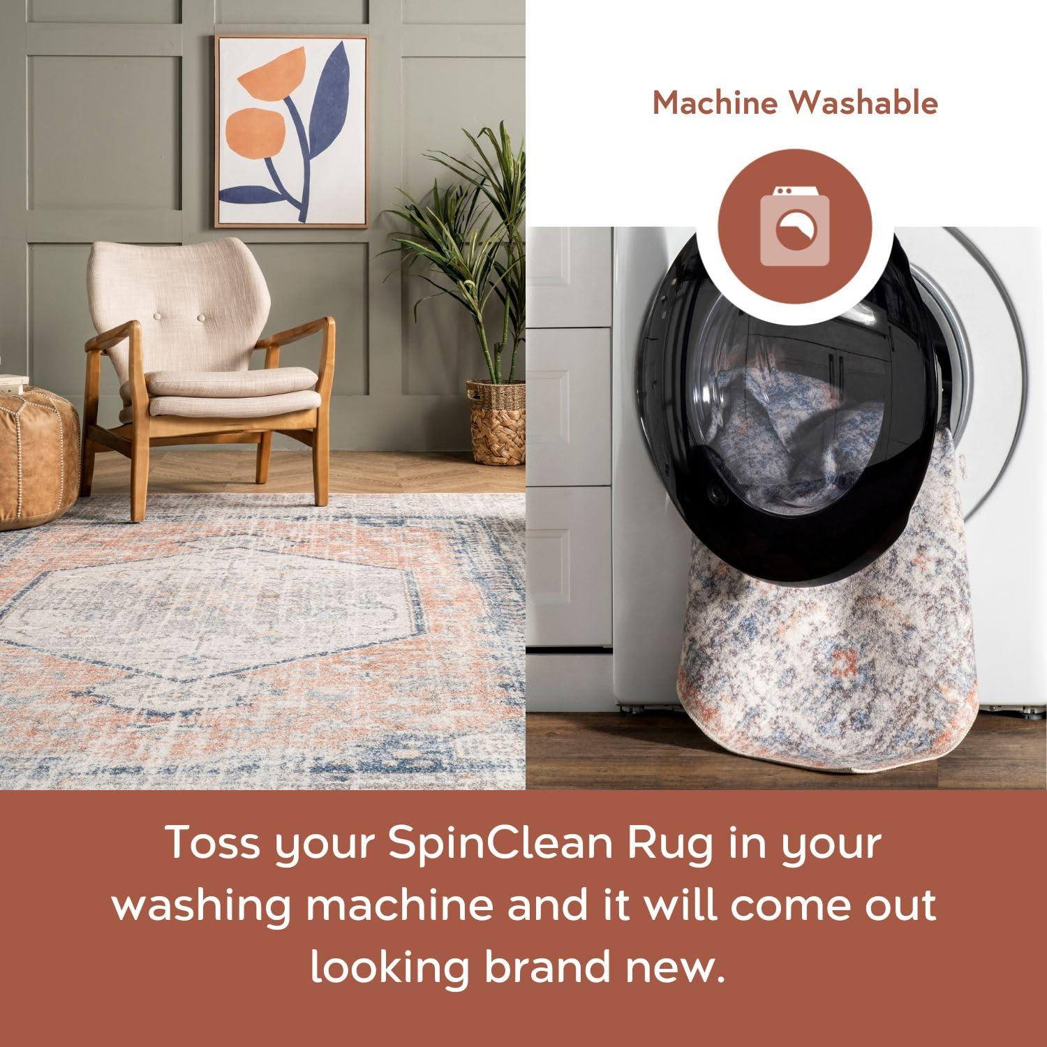 Nuloom 6 Square Machine Washable Rain Haven Vintage Medallion Indoor Area Rug, Peach Non-Slip Backing, Stain Resistant,  BedroomLiving Room, Kitchen