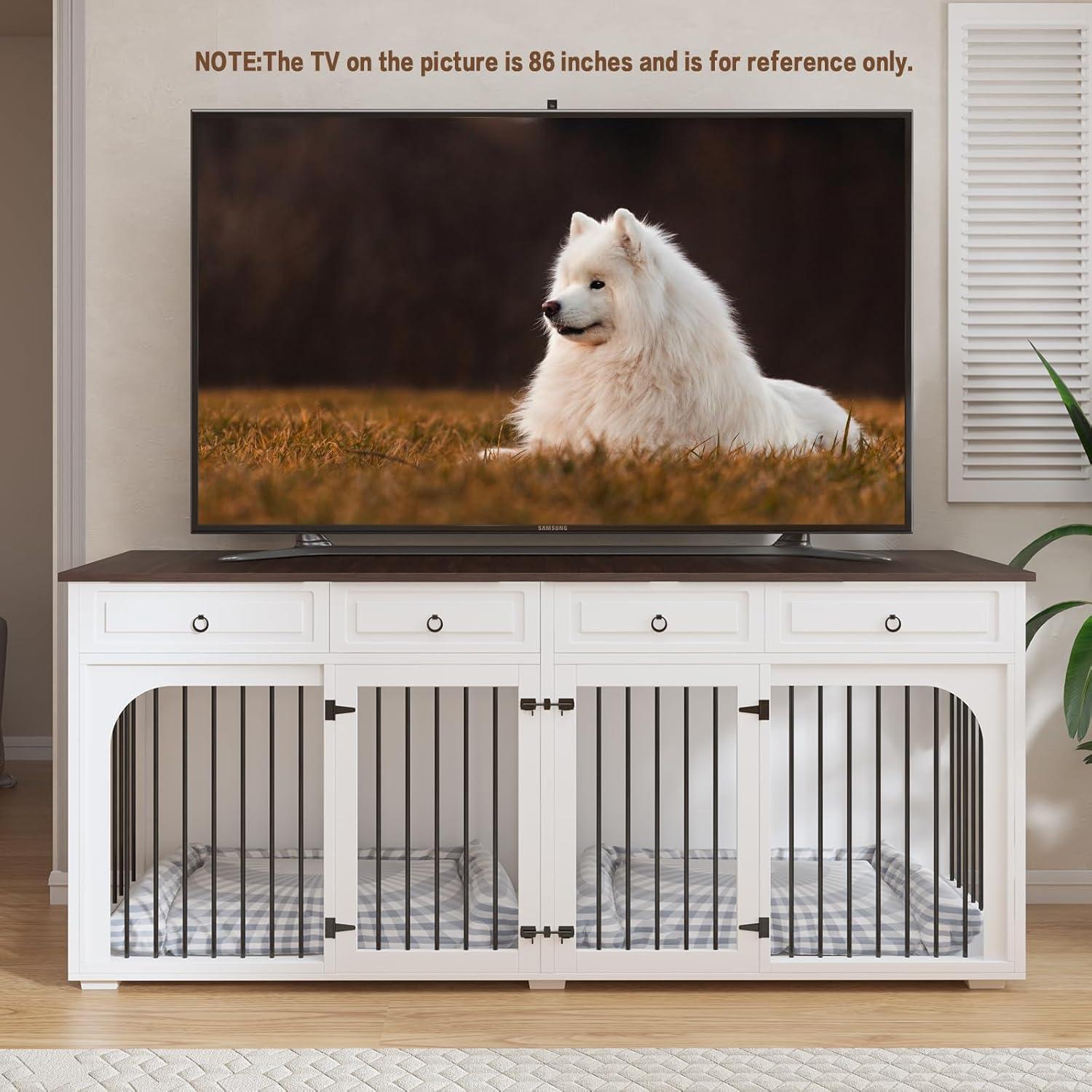 Tucker Murphy Pet™ 74.8" XXL Double Dog Kennel Furniture For Large Breed,Heavy Duty Wooden Dog Crate Cage Furniture Style With Storage Rack And Divider For 2 Dogs Indoor,White & Reviews | Wayfair
