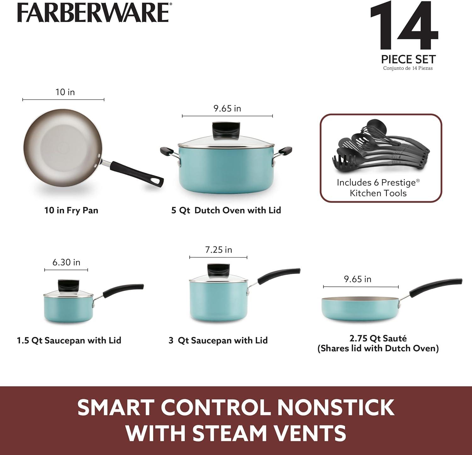 Farberware Smart Control Nonstick Cookware Pots and Pans Set, 14 Piece