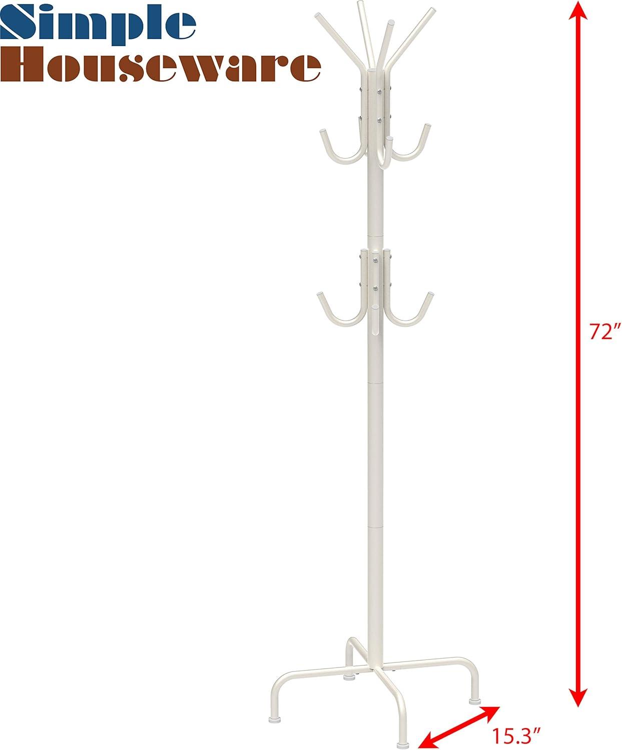 White Metal Standing Coat and Hat Rack with 12 Hooks