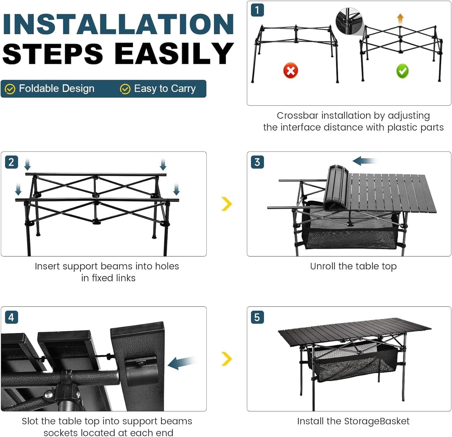 Large Black Aluminum Folding Outdoor Dining Table with Mesh Storage