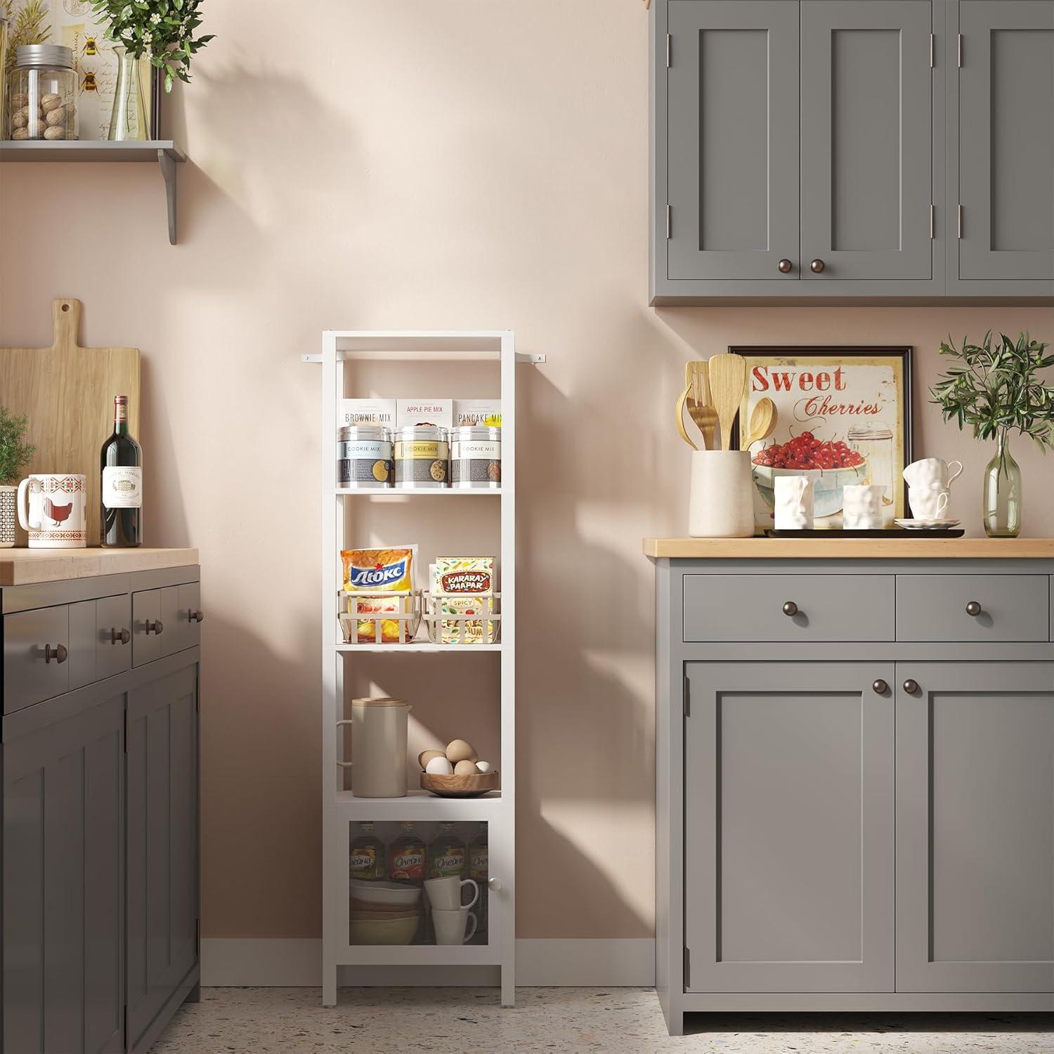 TUTOTAK 5 Tier Bookcase and Bookshelf, Narrow Book Shelf with Door for Small Space, for Living Room, Office, Study, Entryway, White BS03BW005