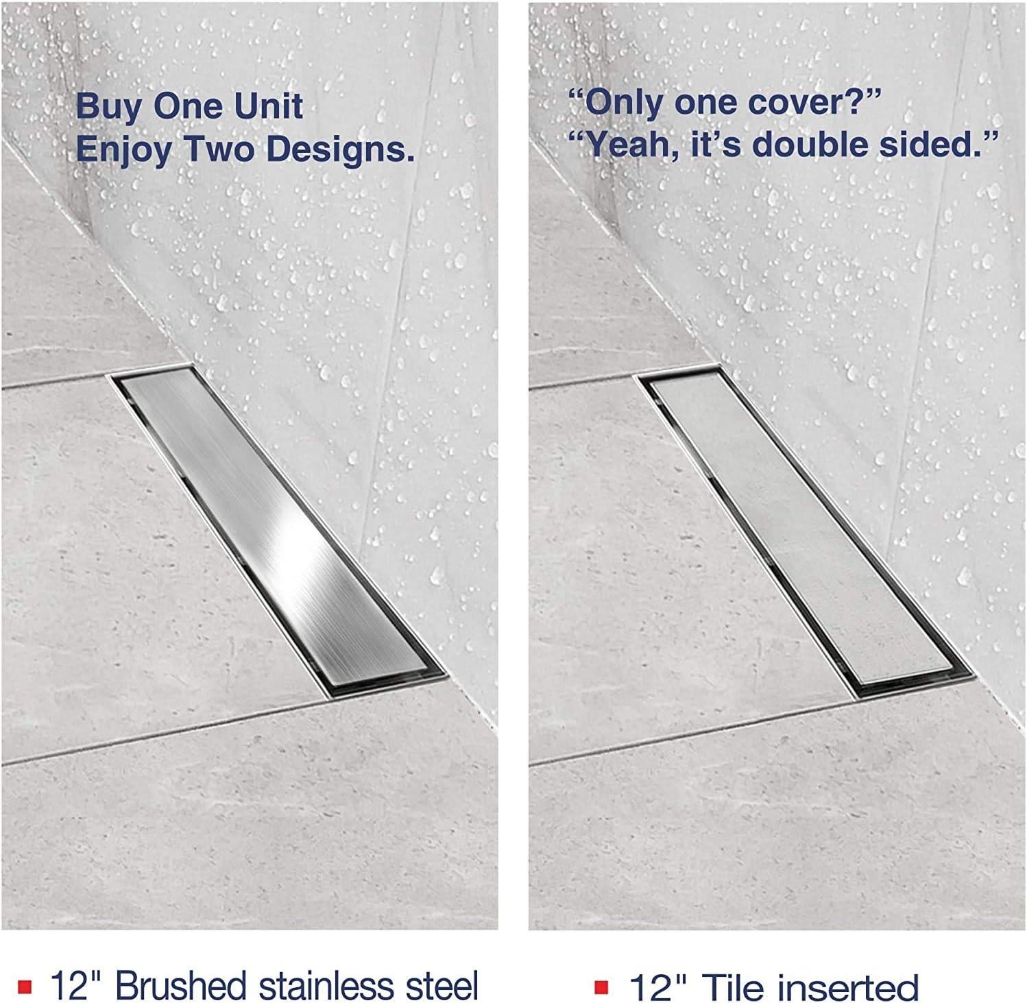 Neodrain 12-Inch Linear Shower Drain with 2-in-1 Flat & Tile Insert Cover, Brushed 304 Stainless Steel Rectangle Shower Floor Drain,Floor Shower Drain with Hair Strainer 12 In Stainless Steel