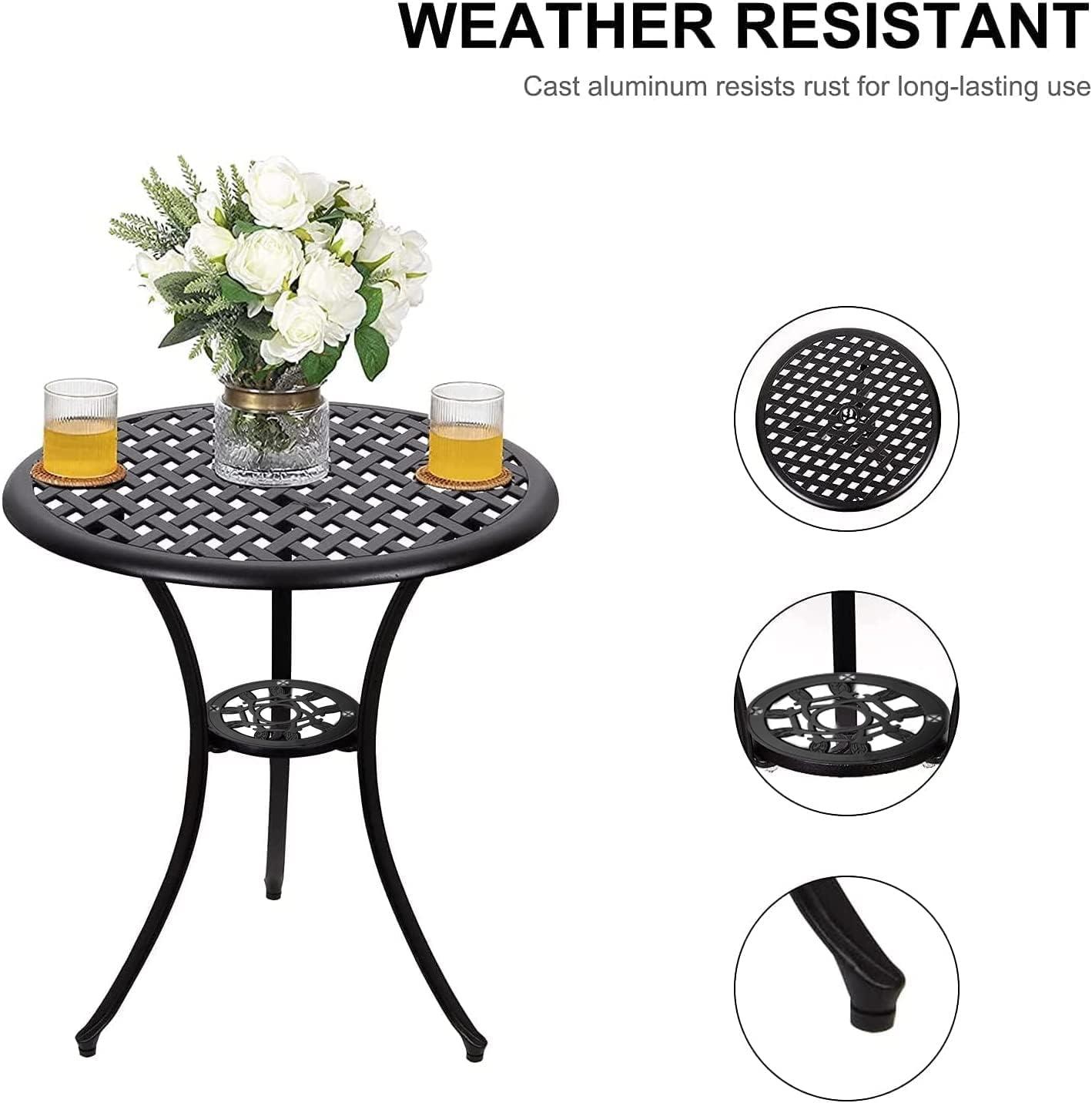 Polar Aurora 3 Piece Cast Aluminum Patio Bistro Set Table Outdoor Round Dining Armchair with Umbrella Hole for Porch, Lawn, Garden, Backyard, Pool, Black